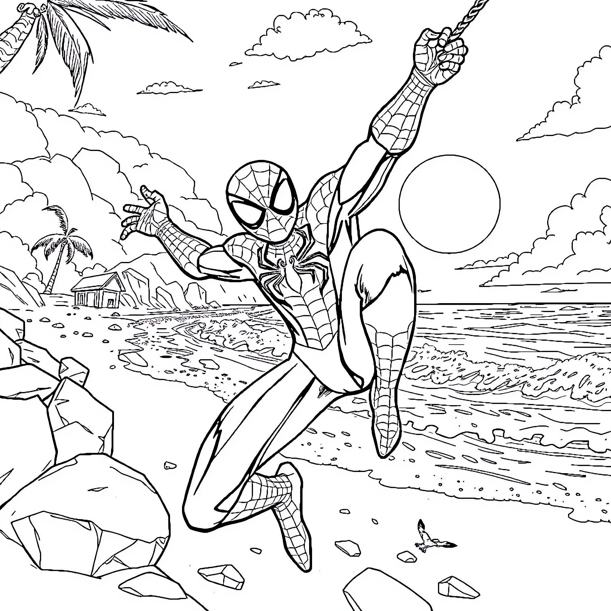 Spidey's Tropical Adventure Coloring Page (free black-and-white line drawing printable PDF for all, from beginners to advanced learners, including children, teens, adults, and seniors)