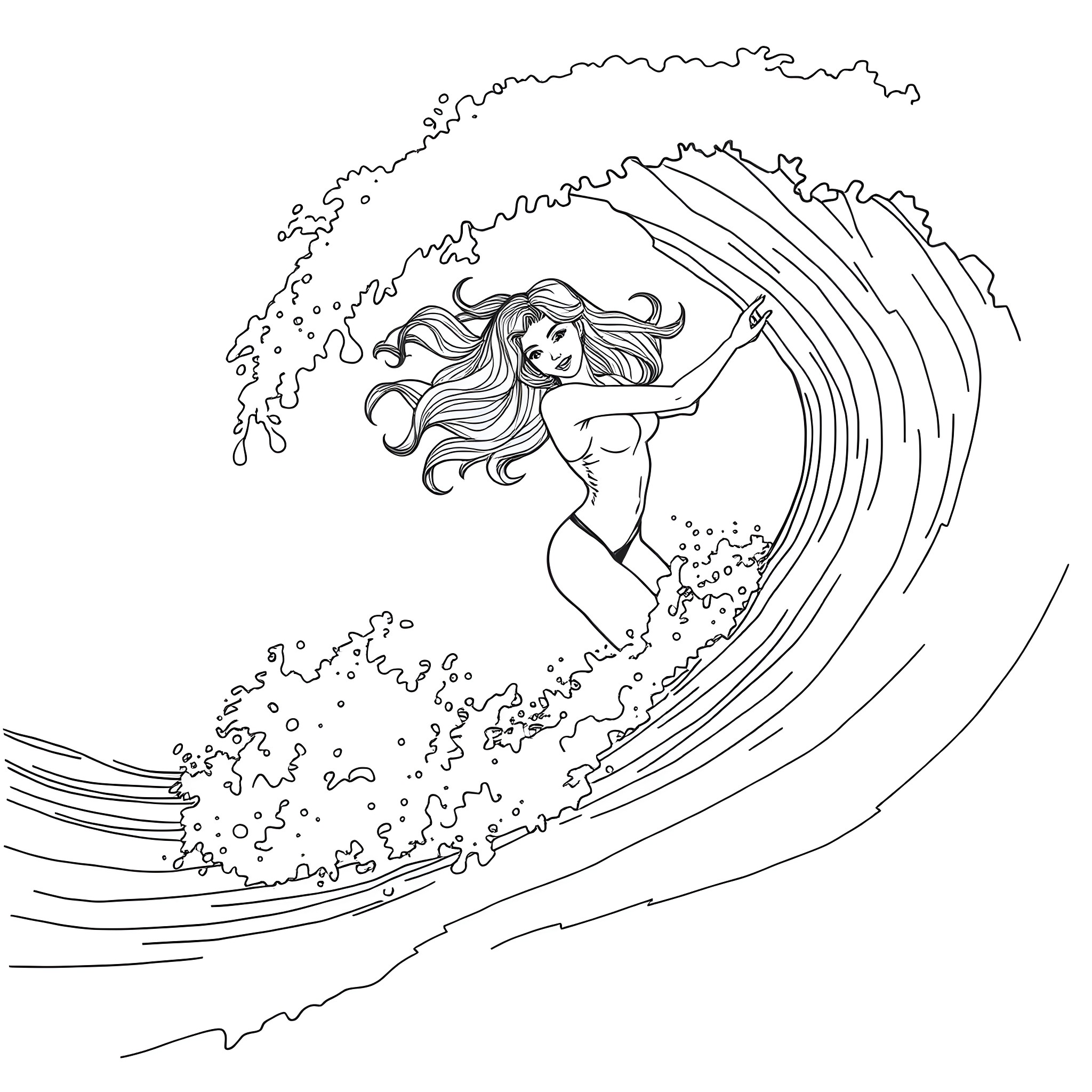 Woman surfing a majestic wave Coloring Page (free black-and-white line drawing printable PDF for all, from beginners to advanced learners, including children, teens, adults, and seniors)