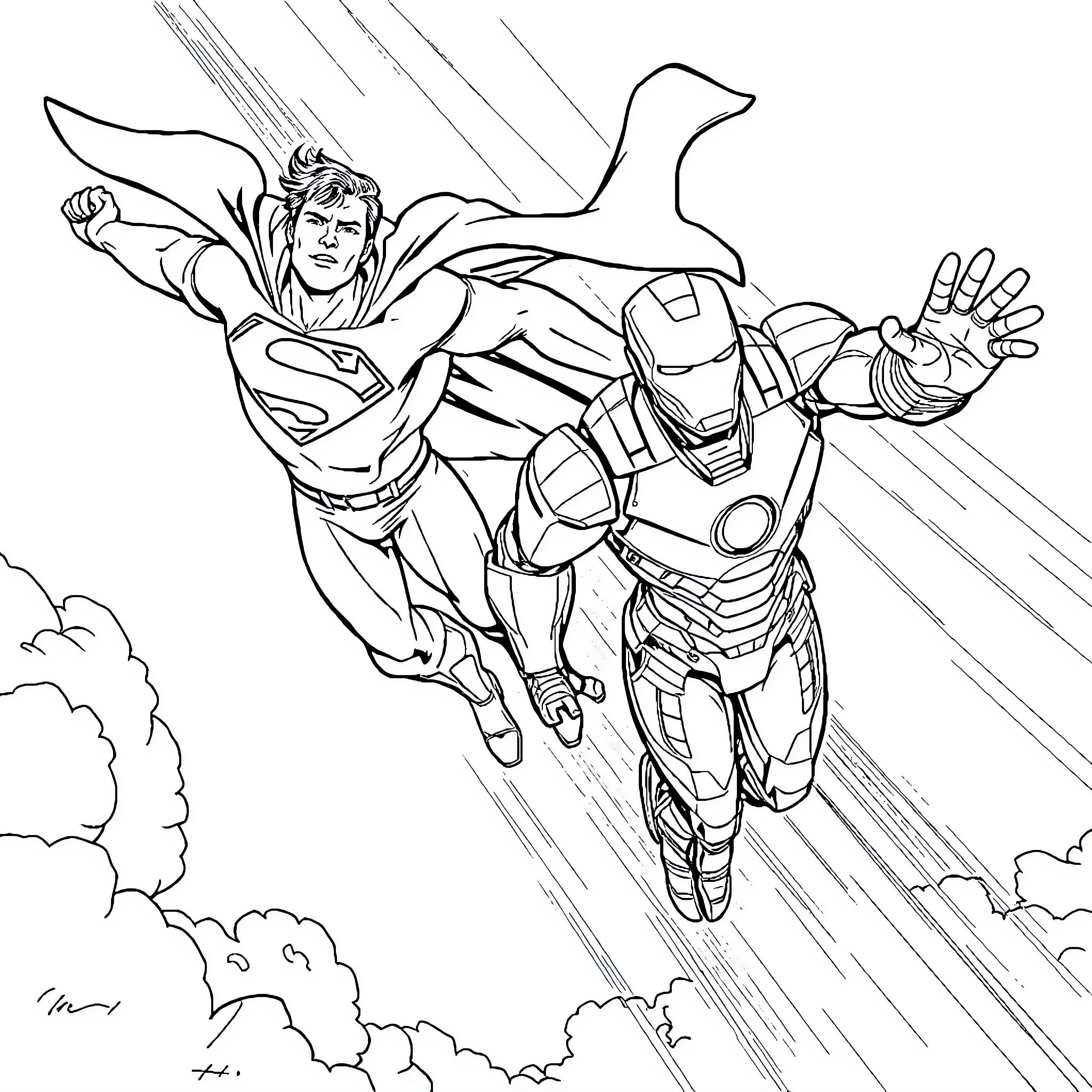 Superman and Iron Man soaring through the sky Coloring Page (free black-and-white line drawing printable PDF for all, from beginners to advanced learners, including children, teens, adults, and seniors)