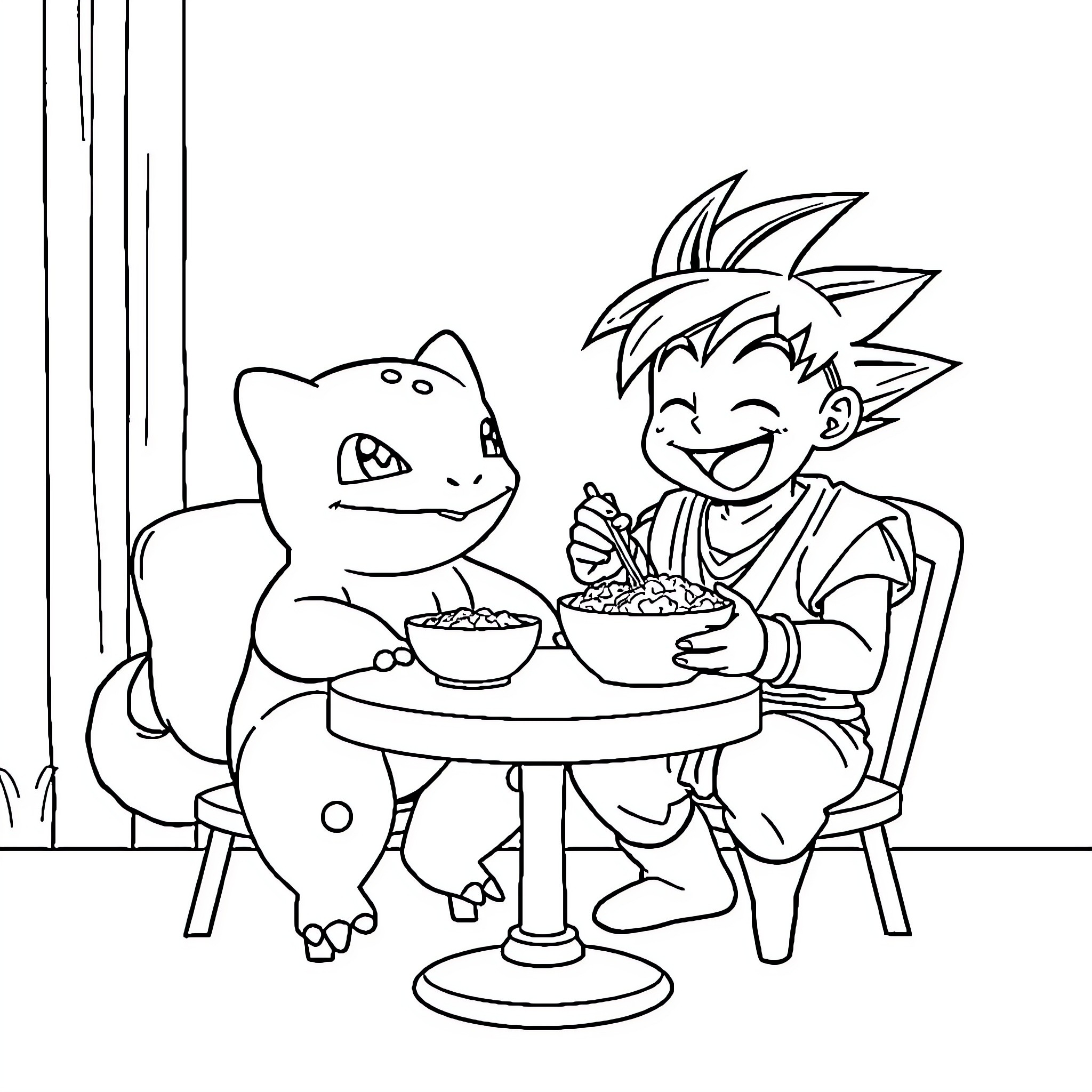 Bulbasaur sharing a meal with a cheerful boy Coloring Page (free black-and-white line drawing printable PDF for all, from beginners to advanced learners, including children, teens, adults, and seniors)