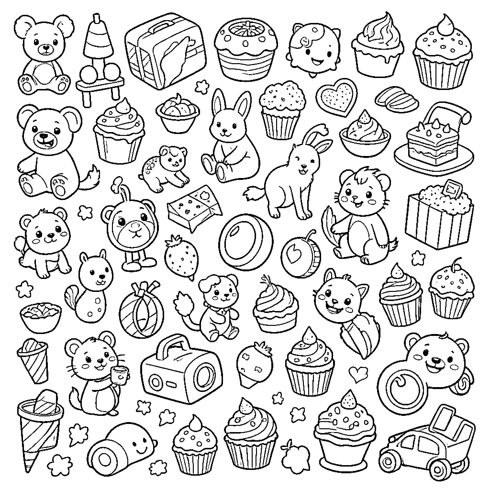 Stuff with cute animals, sweets, and toys Coloring Page (free black-and-white line drawing printable PDF for all, from beginners to advanced learners, including children, teens, adults, and seniors)