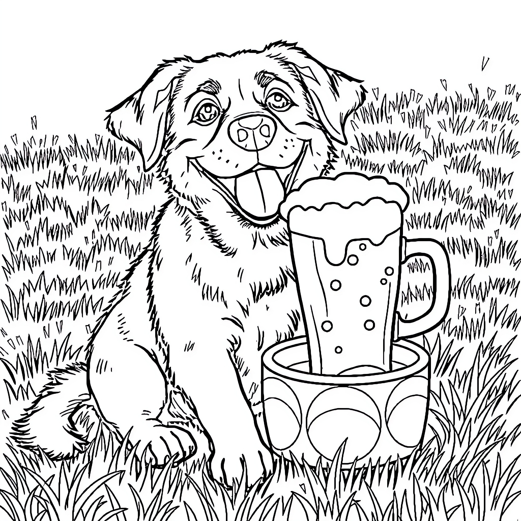 Dog enjoying a beer in the grass Coloring Page (free black-and-white line drawing printable PDF for all, from beginners to advanced learners, including children, teens, adults, and seniors)