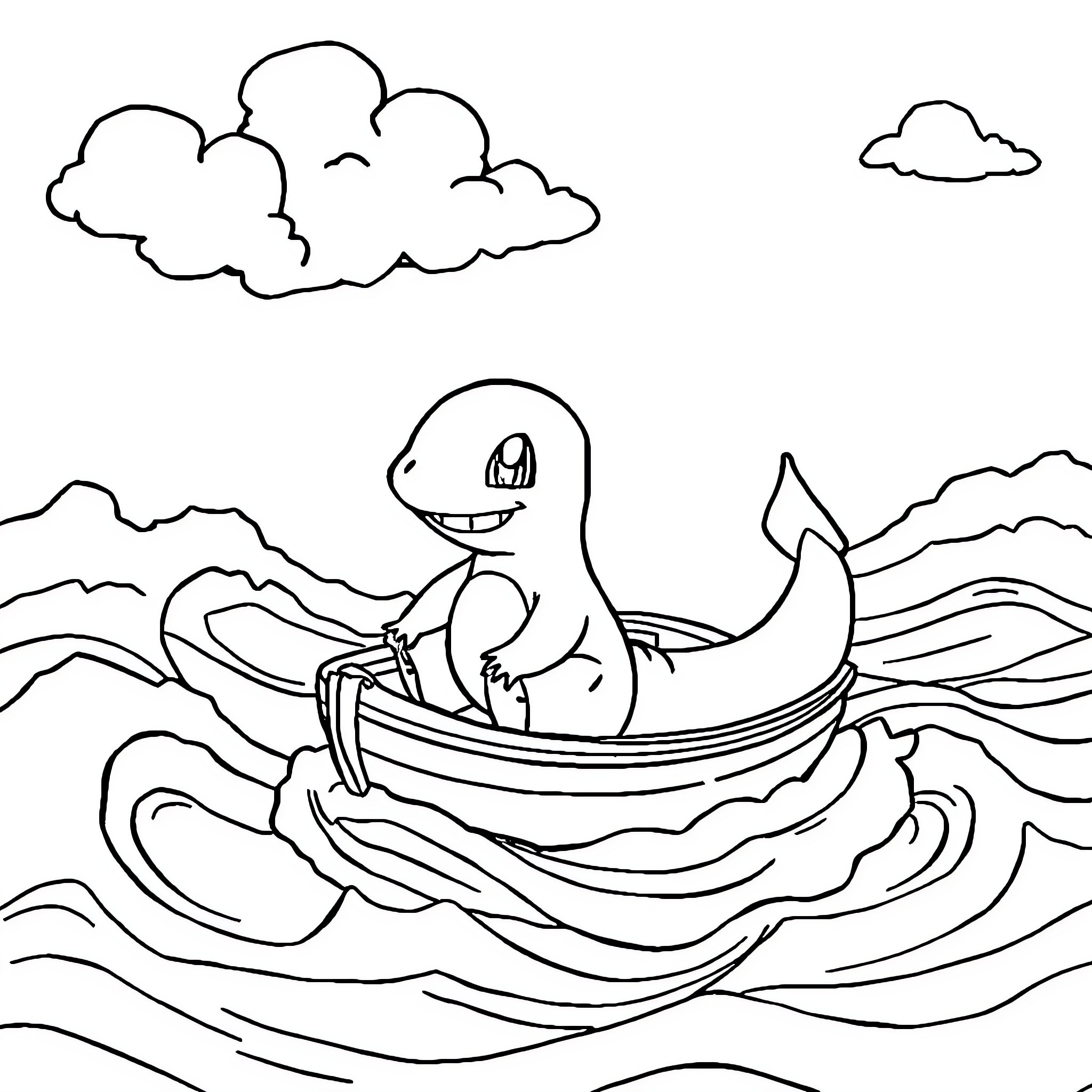 Charmander enjoying a boat ride on the waves Coloring Page (free black-and-white line drawing printable PDF for all, from beginners to advanced learners, including children, teens, adults, and seniors)
