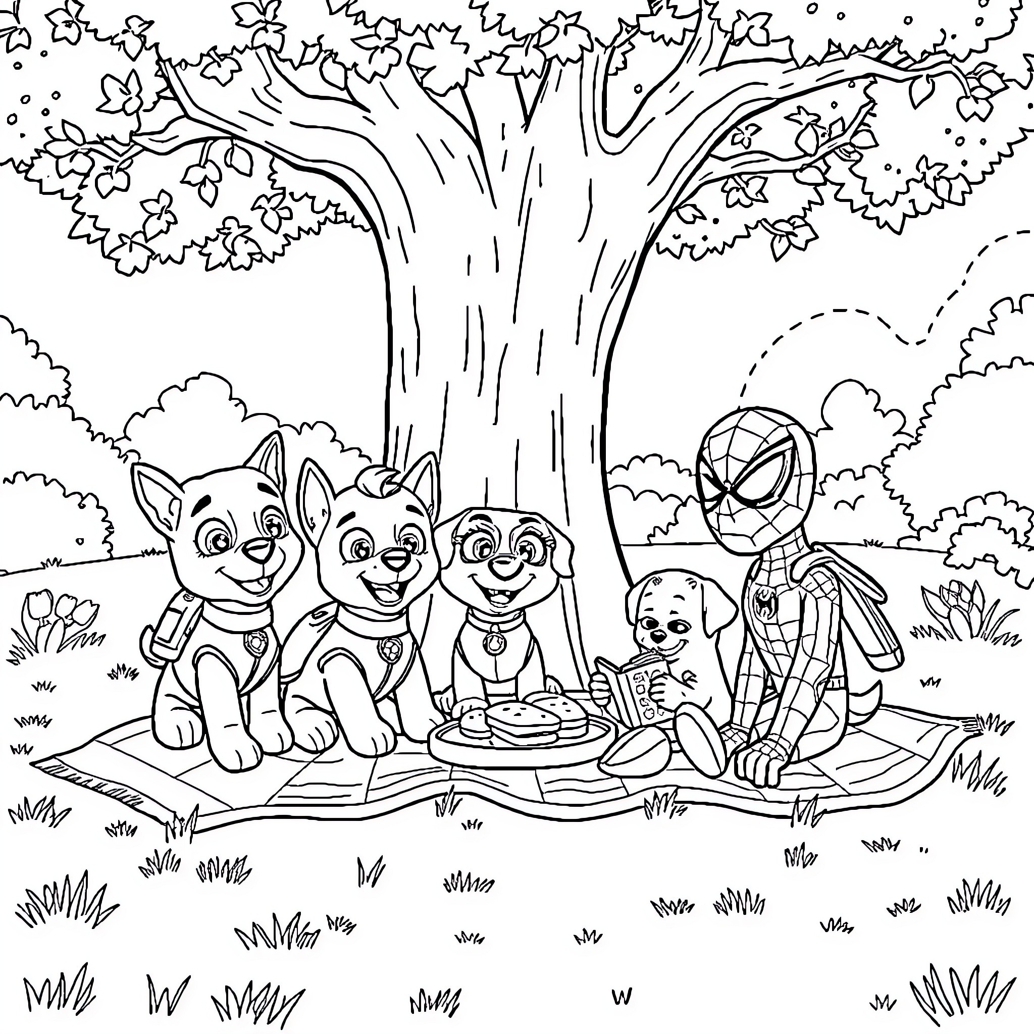 Paw Patrol Enjoying a Picnic in the Park Coloring Page (free black-and-white line drawing printable PDF for all, from beginners to advanced learners, including children, teens, adults, and seniors)