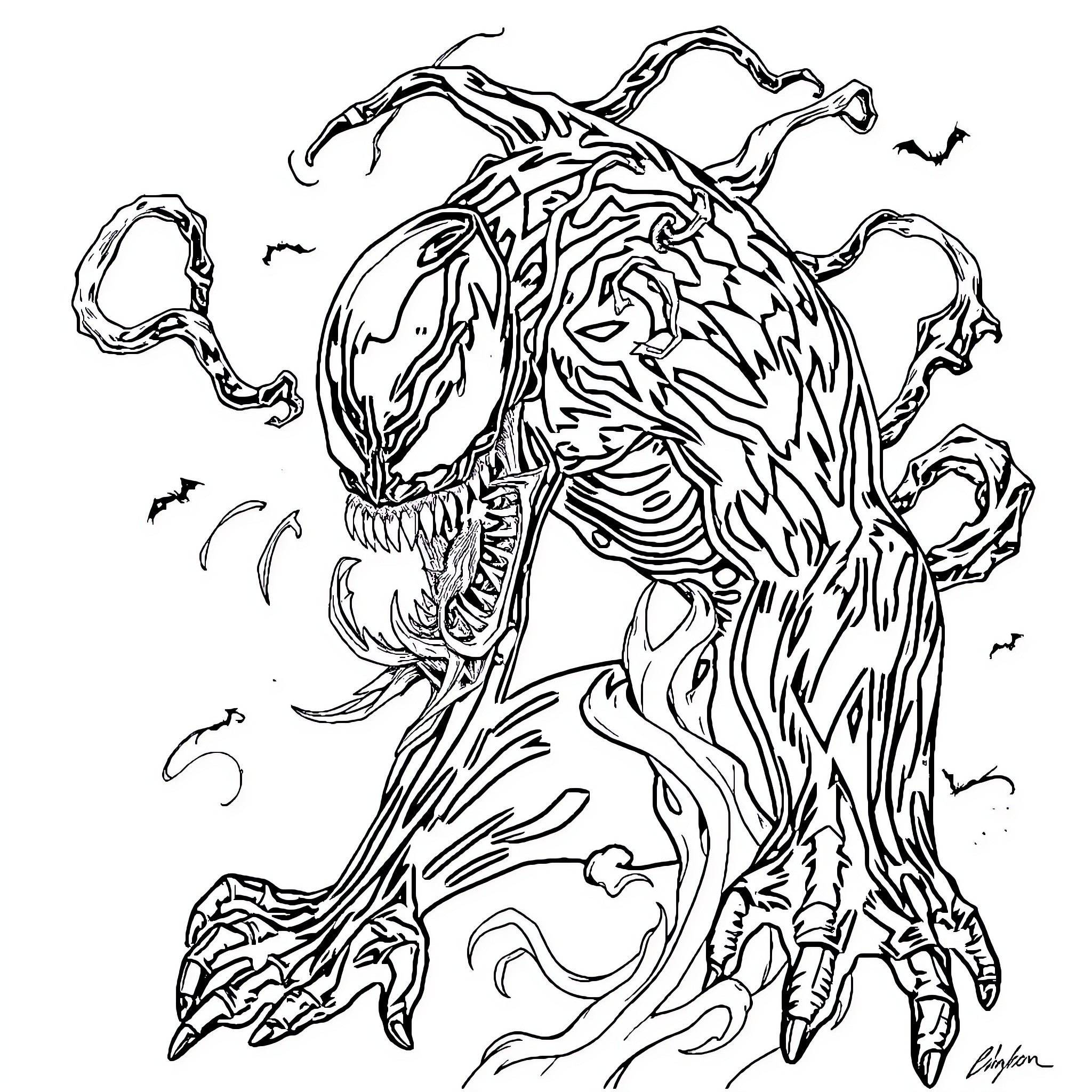 Venom terrorizing the skies with menacing presence Coloring Page (free black-and-white line drawing printable PDF for all, from beginners to advanced learners, including children, teens, adults, and seniors)