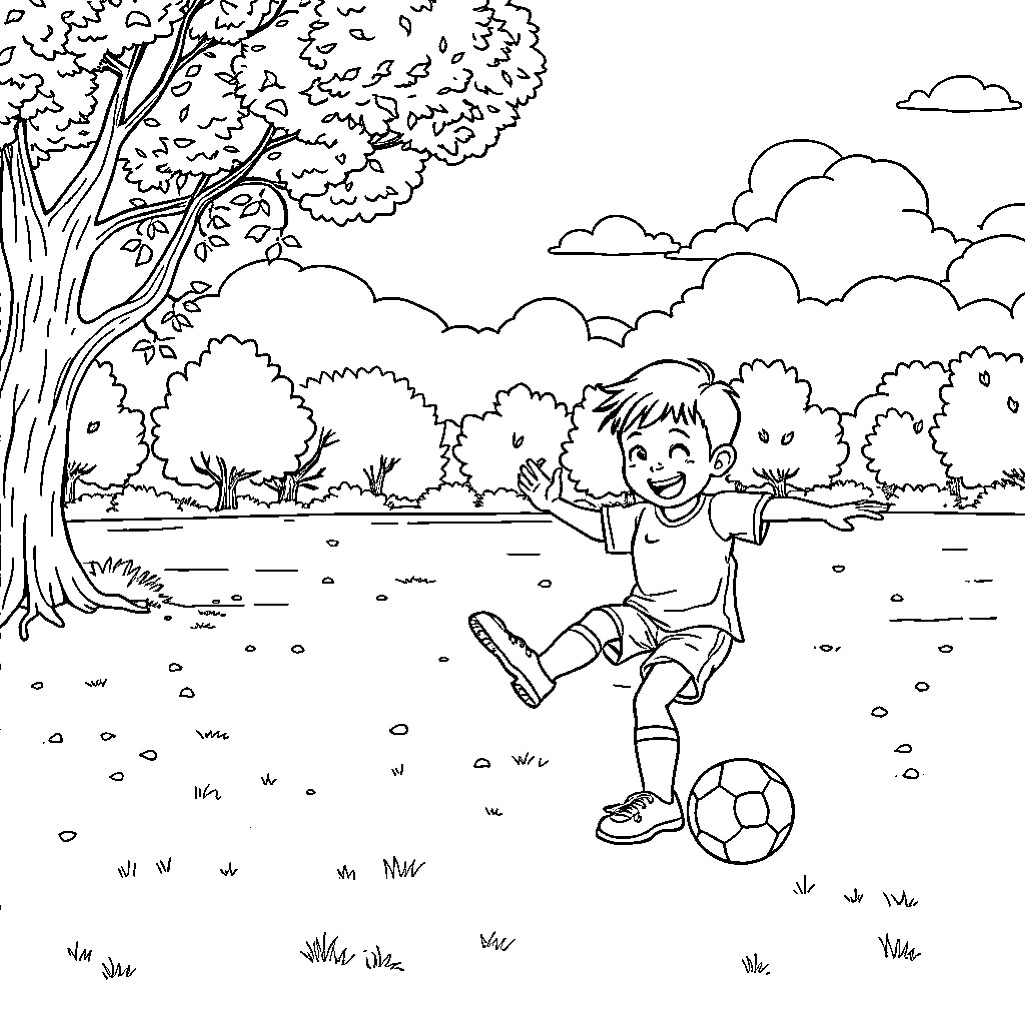 Tung Tung Tung Sahur: Boy Playing Soccer in Nature Coloring Page (free black-and-white line drawing printable PDF for all, from beginners to advanced learners, including children, teens, adults, and seniors)