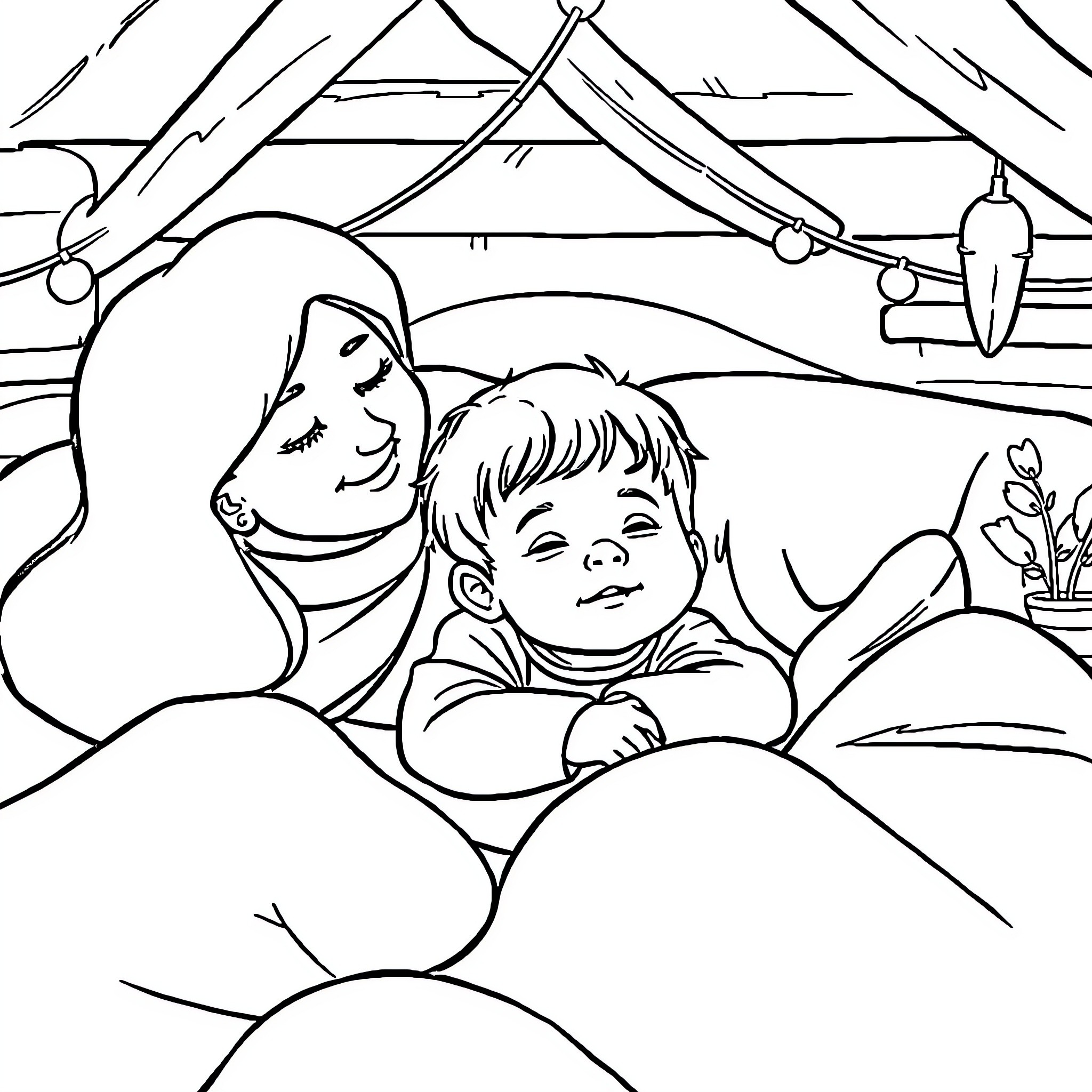 Niño enjoying cozy time with loved one in tent Coloring Page (free black-and-white line drawing printable PDF for all, from beginners to advanced learners, including children, teens, adults, and seniors)