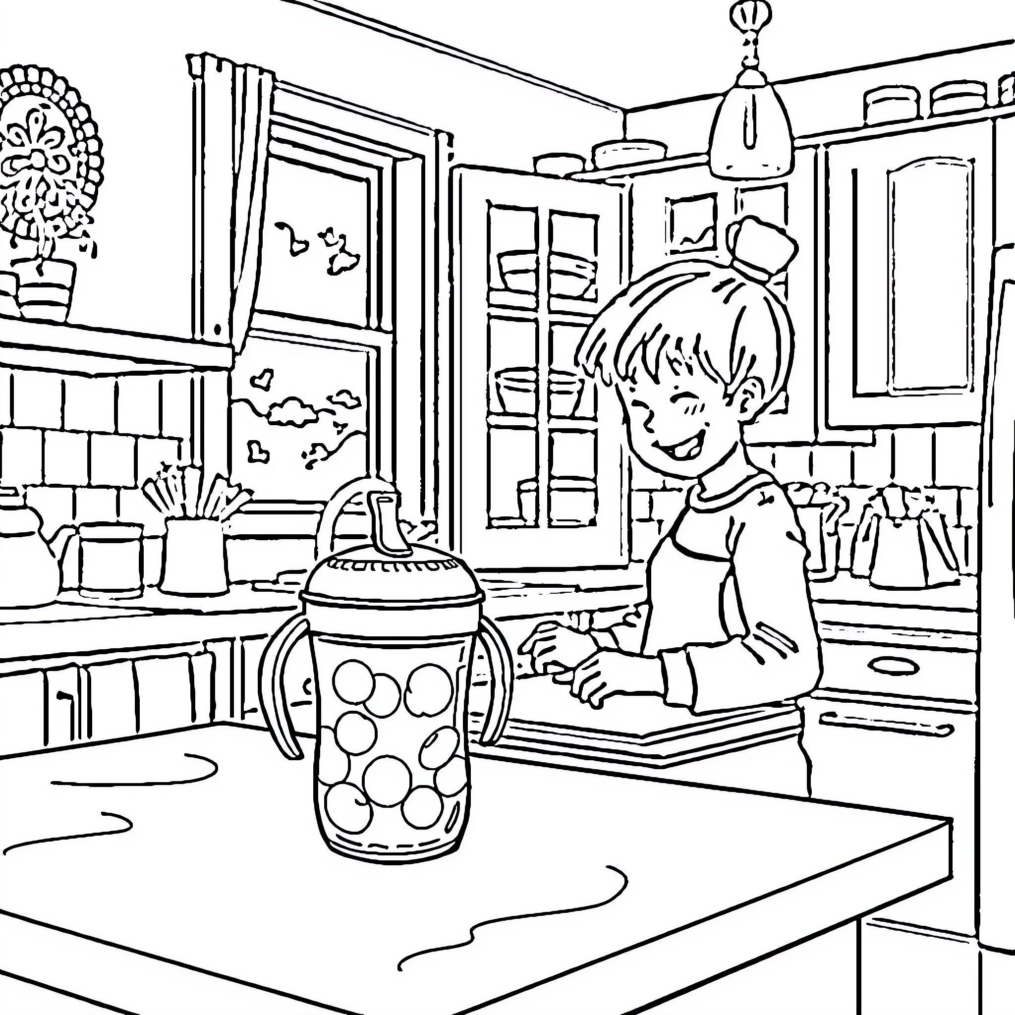 Sippy Cup Child Enjoying Snack in Kitchen Coloring Page (free black-and-white line drawing printable PDF for all, from beginners to advanced learners, including children, teens, adults, and seniors)