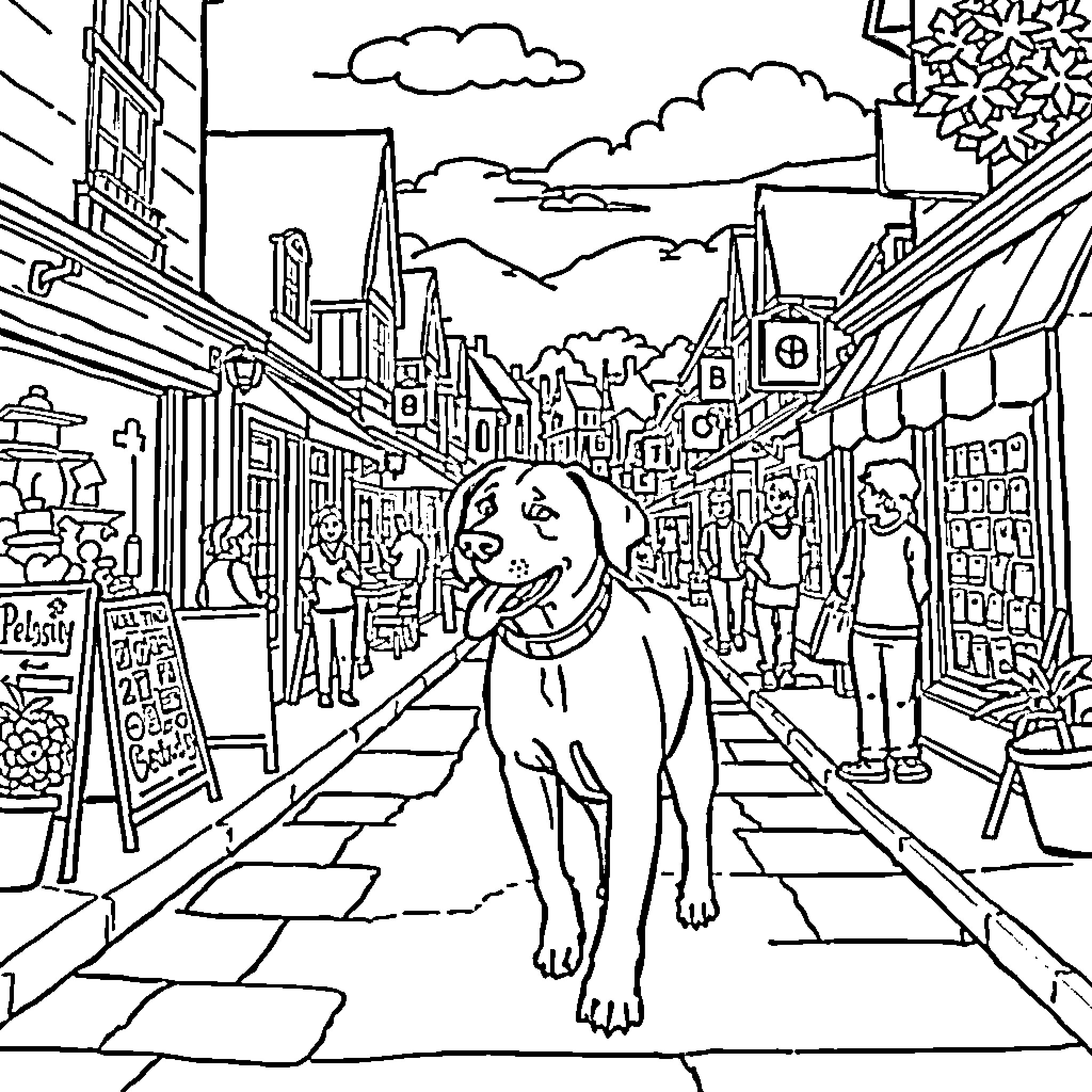 Labrador exploring the bustling city streets Coloring Page (free black-and-white line drawing printable PDF for all, from beginners to advanced learners, including children, teens, adults, and seniors)