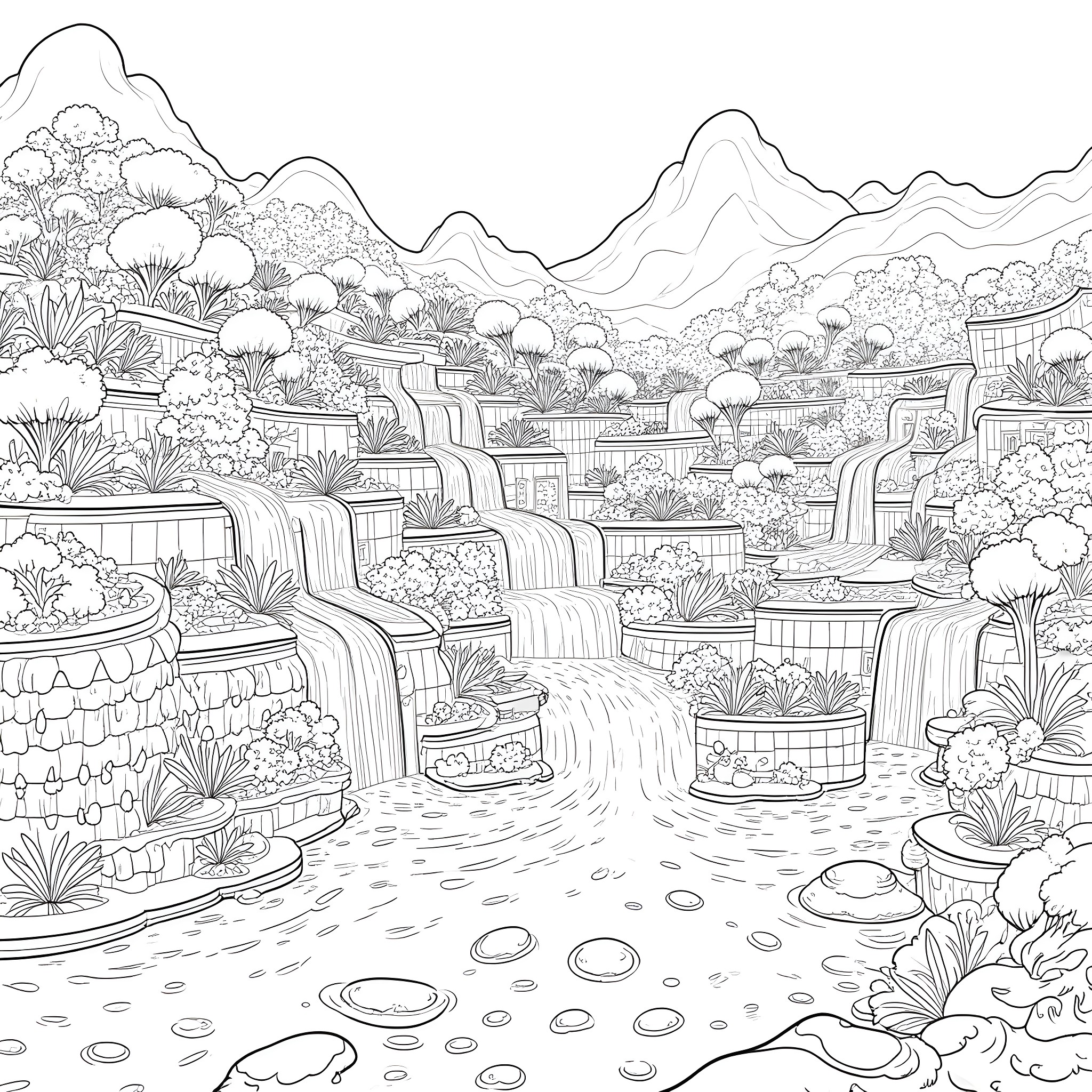 Hanging Garden of Nature's Wonders Coloring Page (free black-and-white line drawing printable PDF for all, from beginners to advanced learners, including children, teens, adults, and seniors)