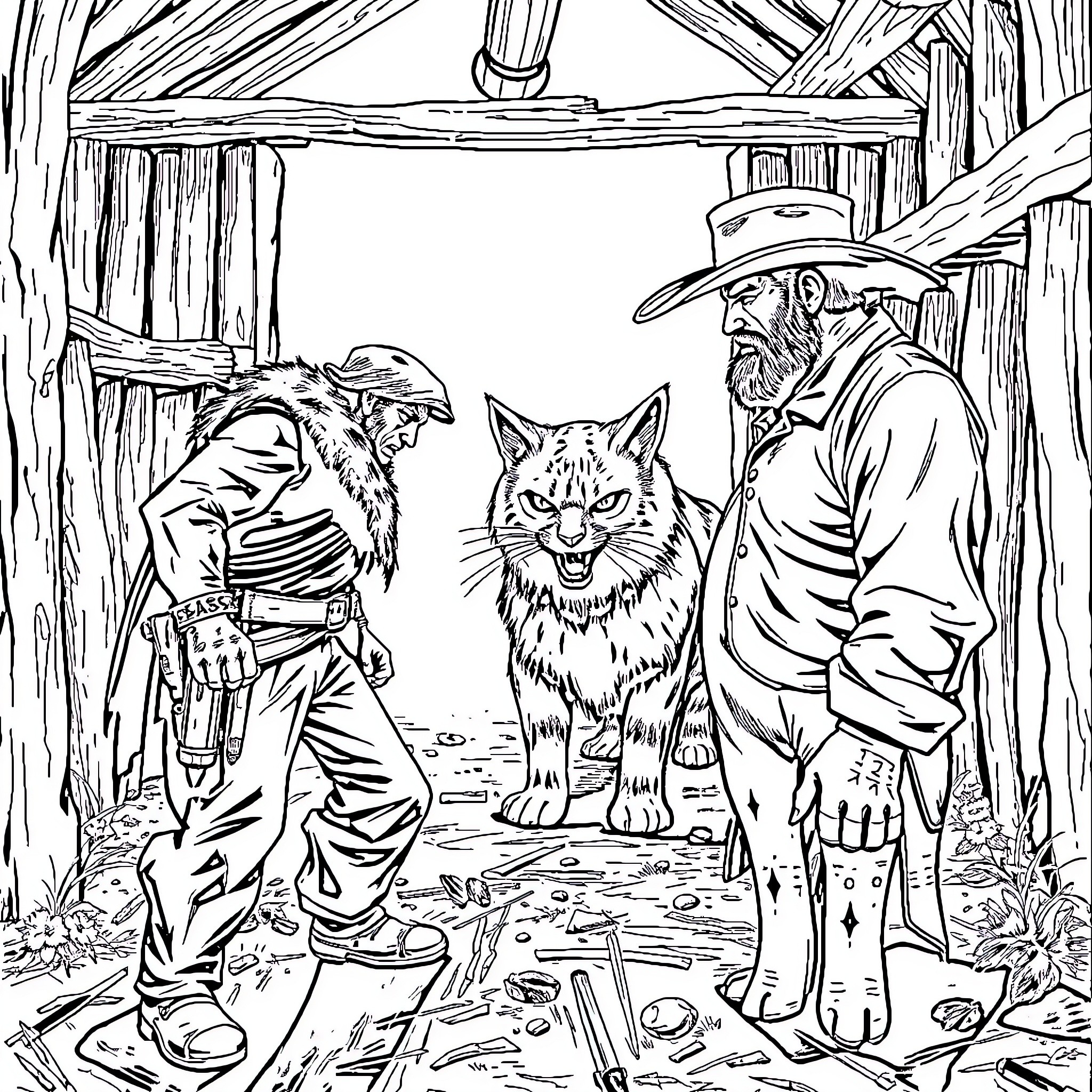 Arthur Morgan's Encounters with a Feisty Feline in the Wilderness Coloring Page (free black-and-white line drawing printable PDF for all, from beginners to advanced learners, including children, teens, adults, and seniors)