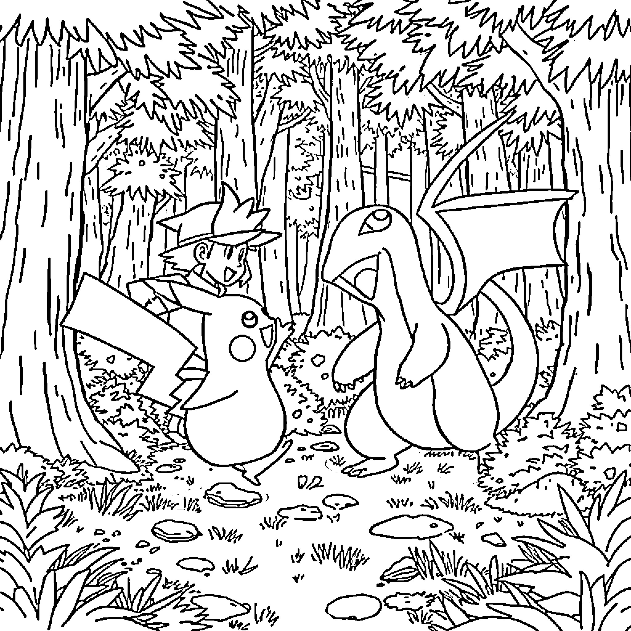 Ash and Pokémon Exploring the Forest Coloring Page (free black-and-white line drawing printable PDF for all, from beginners to advanced learners, including children, teens, adults, and seniors)