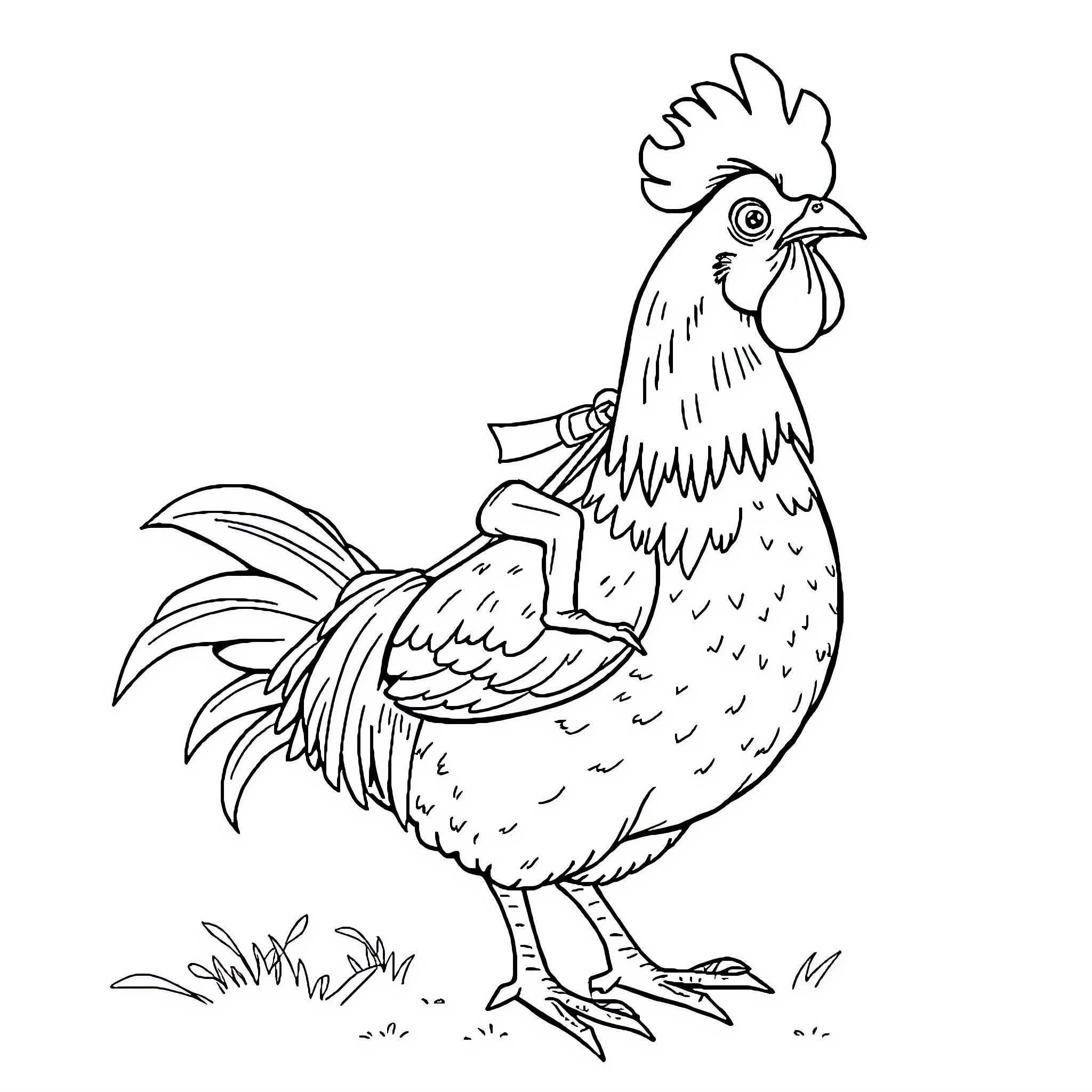 Chicken proudly standing in the grass Coloring Page (free black-and-white line drawing printable PDF for all, from beginners to advanced learners, including children, teens, adults, and seniors)