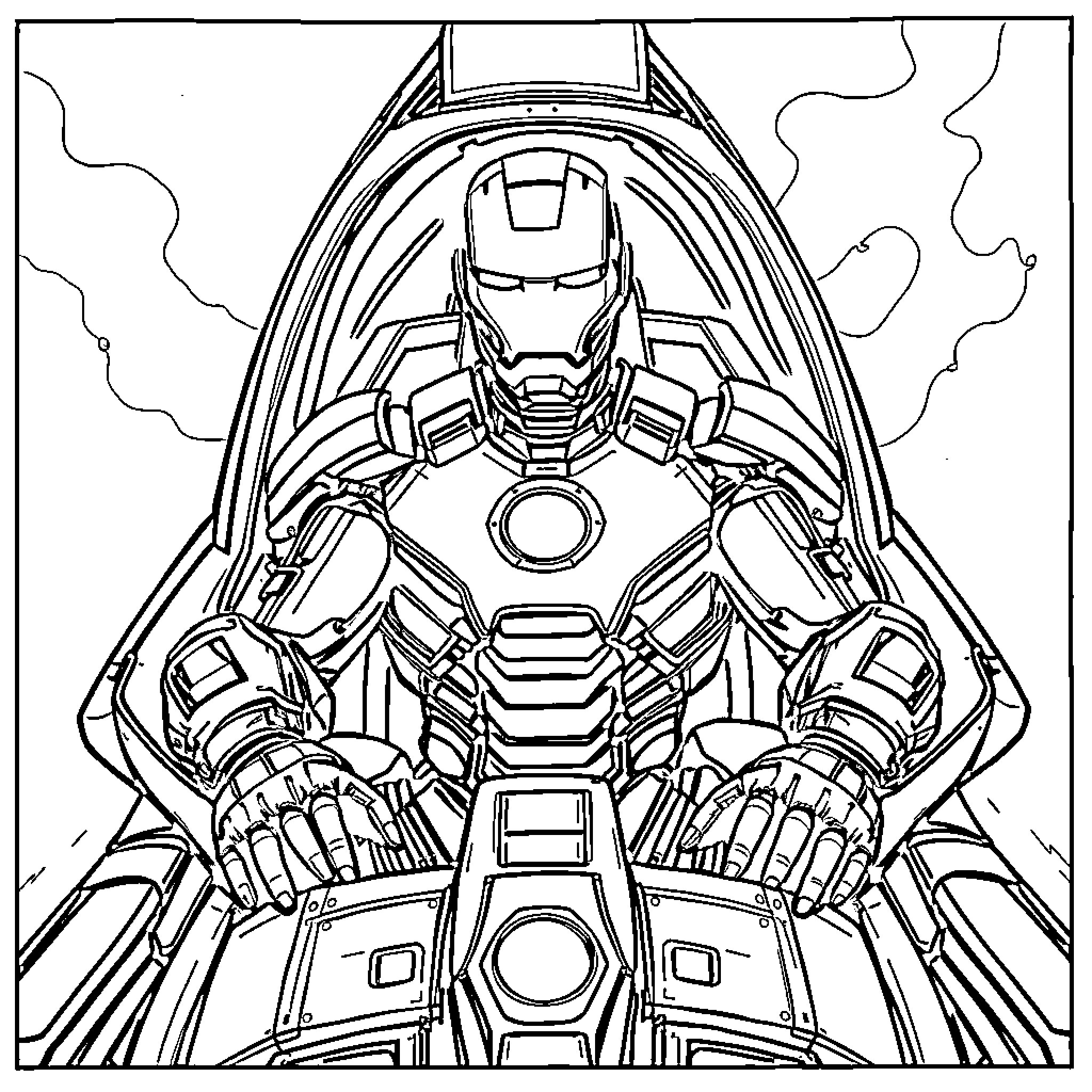 Ironman Armored Hero Emerging from Smoke Coloring Page (free black-and-white line drawing printable PDF for all, from beginners to advanced learners, including children, teens, adults, and seniors)