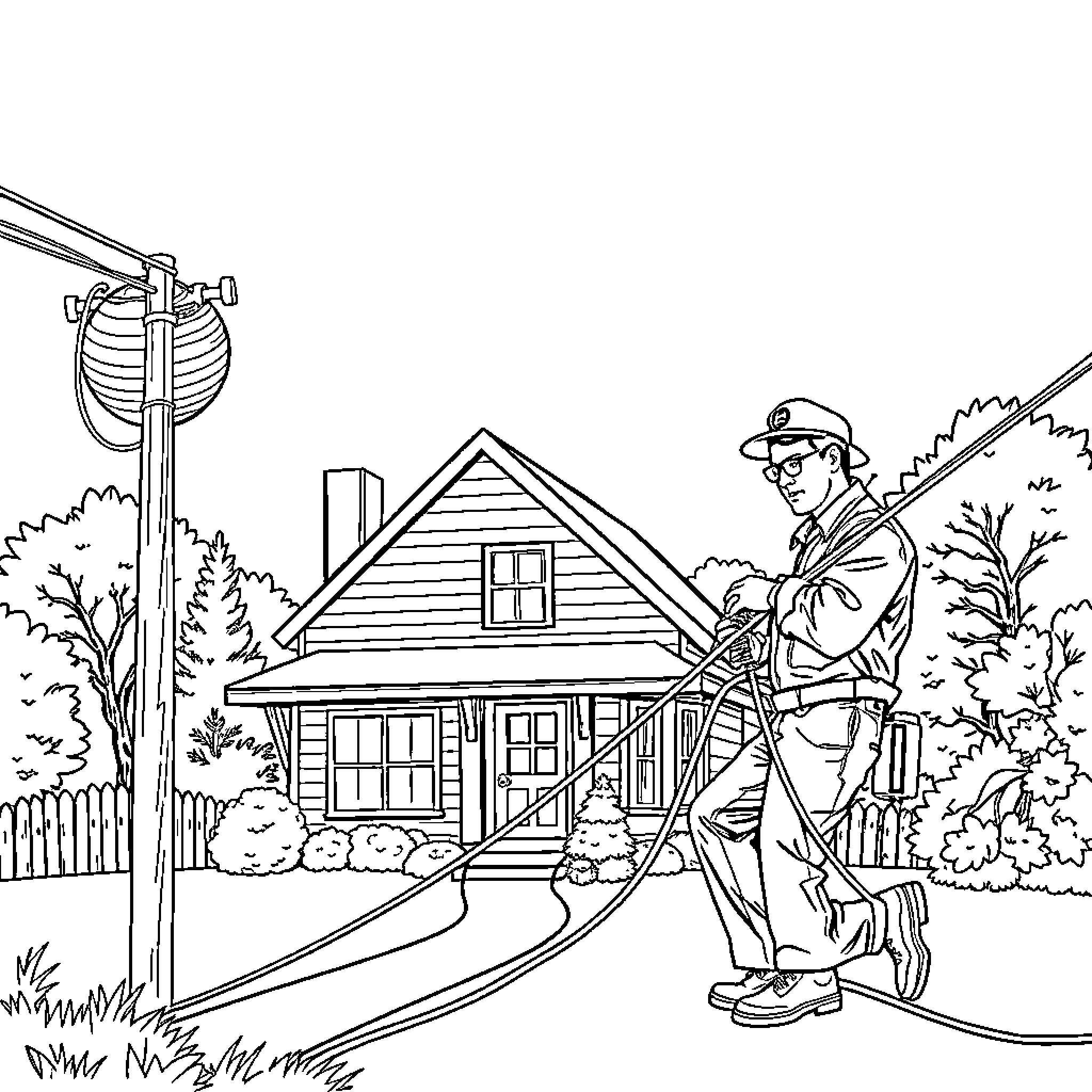 Lineman repairing utility lines near a rural home Coloring Page (free black-and-white line drawing printable PDF for all, from beginners to advanced learners, including children, teens, adults, and seniors)