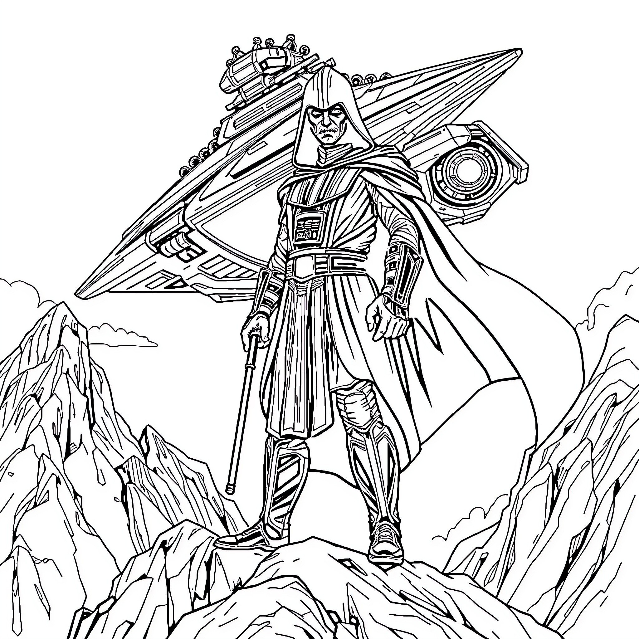 Darth Revan, Dark Lord of the Sith, wielding his powerful lightsaber on a rugged mountainous terrain Coloring Page (free black-and-white line drawing printable PDF for all, from beginners to advanced learners, including children, teens, adults, and seniors)