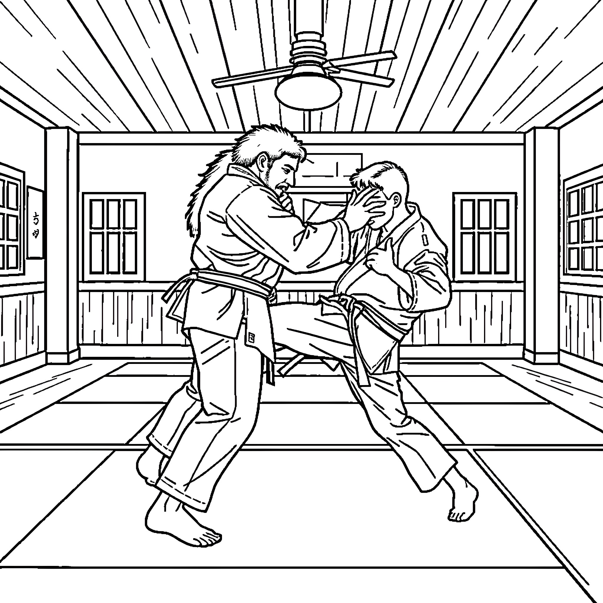 Wapiti Martial Arts Demonstration in Dojo Coloring Page (free black-and-white line drawing printable PDF for all, from beginners to advanced learners, including children, teens, adults, and seniors)