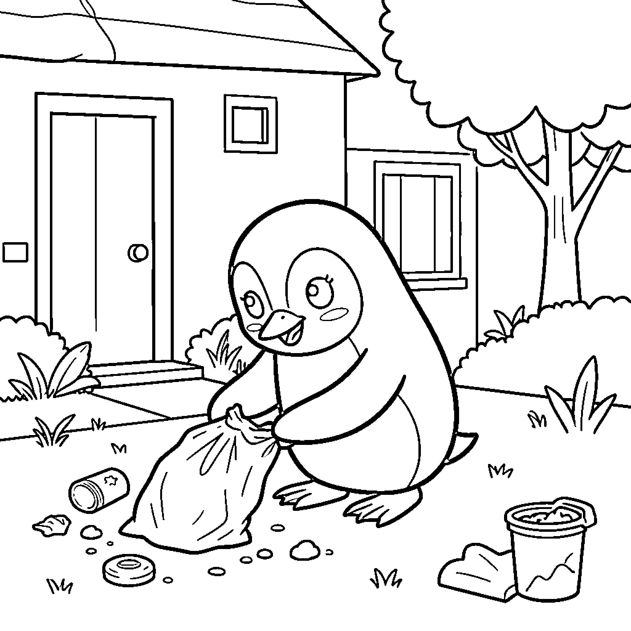 Penguin picking up trash to clean the environment Coloring Page (free black-and-white line drawing printable PDF for all, from beginners to advanced learners, including children, teens, adults, and seniors)