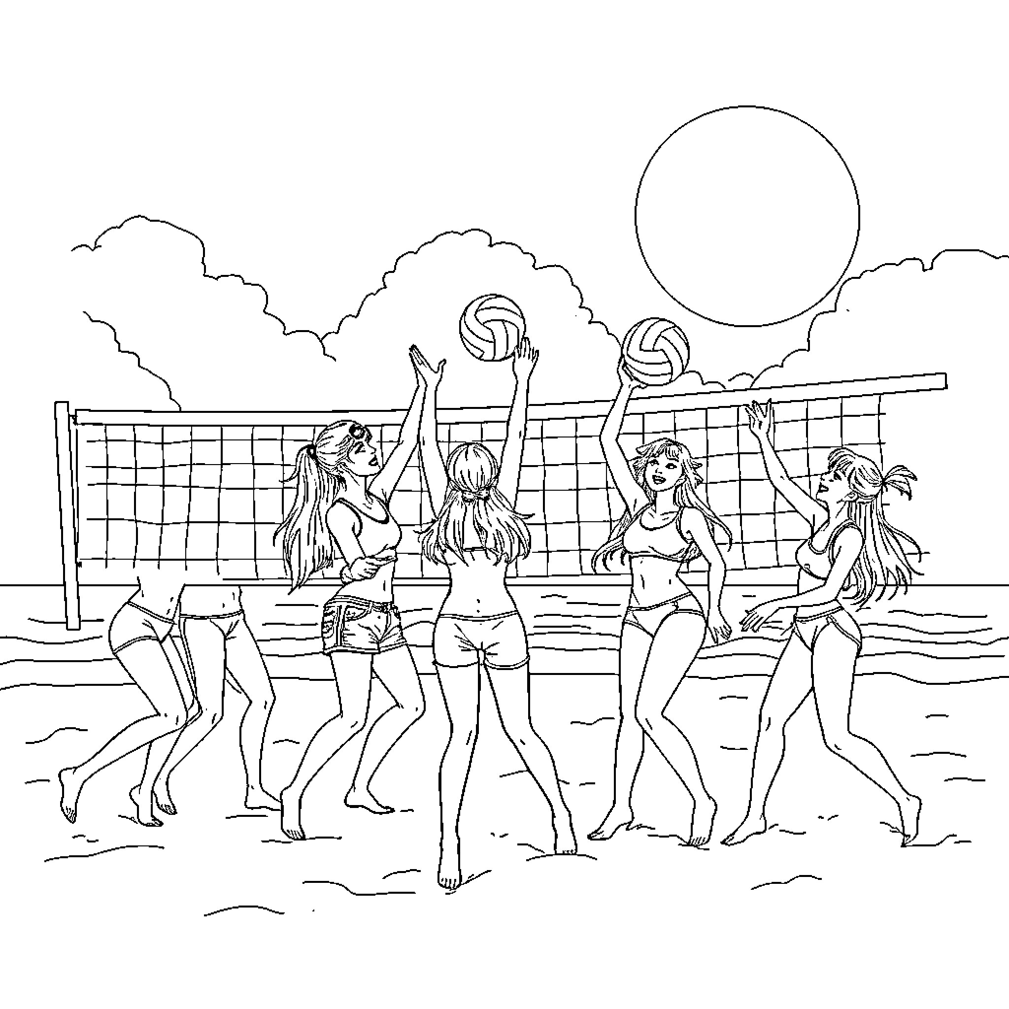 K Pop Girls Enjoying Beach Volleyball Coloring Page (free black-and-white line drawing printable PDF for all, from beginners to advanced learners, including children, teens, adults, and seniors)