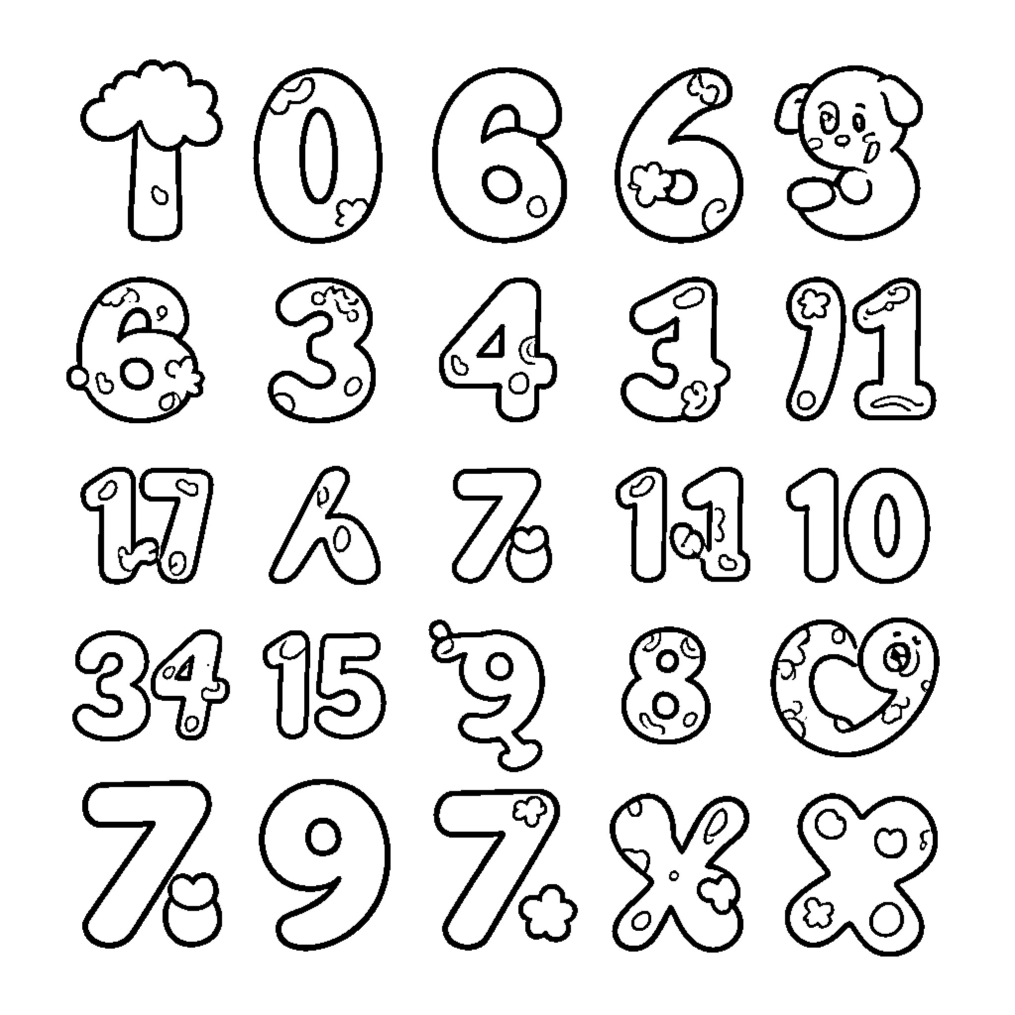 Numbers with cute faces and playful patterns Coloring Page (free black-and-white line drawing printable PDF for all, from beginners to advanced learners, including children, teens, adults, and seniors)