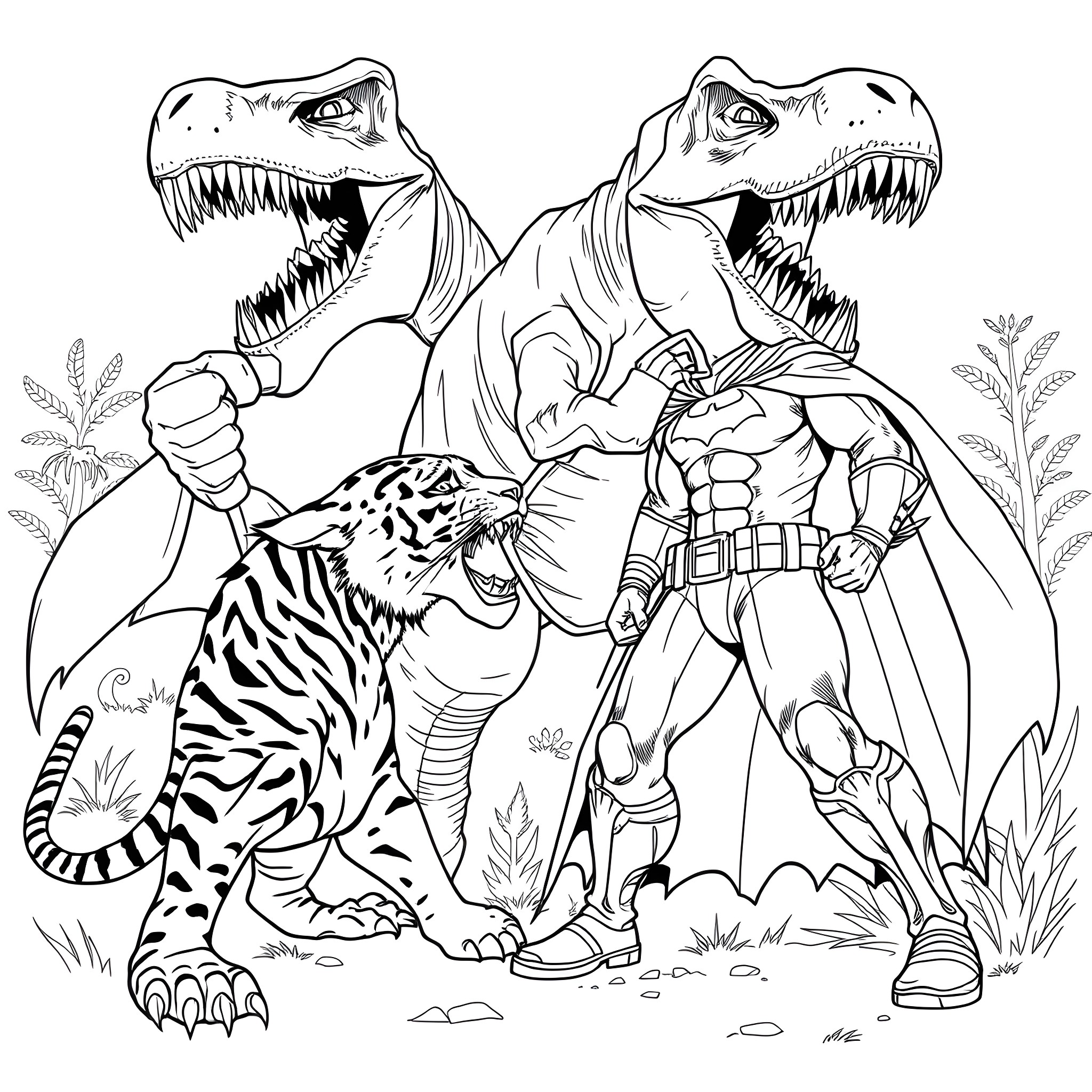 Tiger Superheroes Battling in the Jungle Coloring Page (free black-and-white line drawing printable PDF for all, from beginners to advanced learners, including children, teens, adults, and seniors)