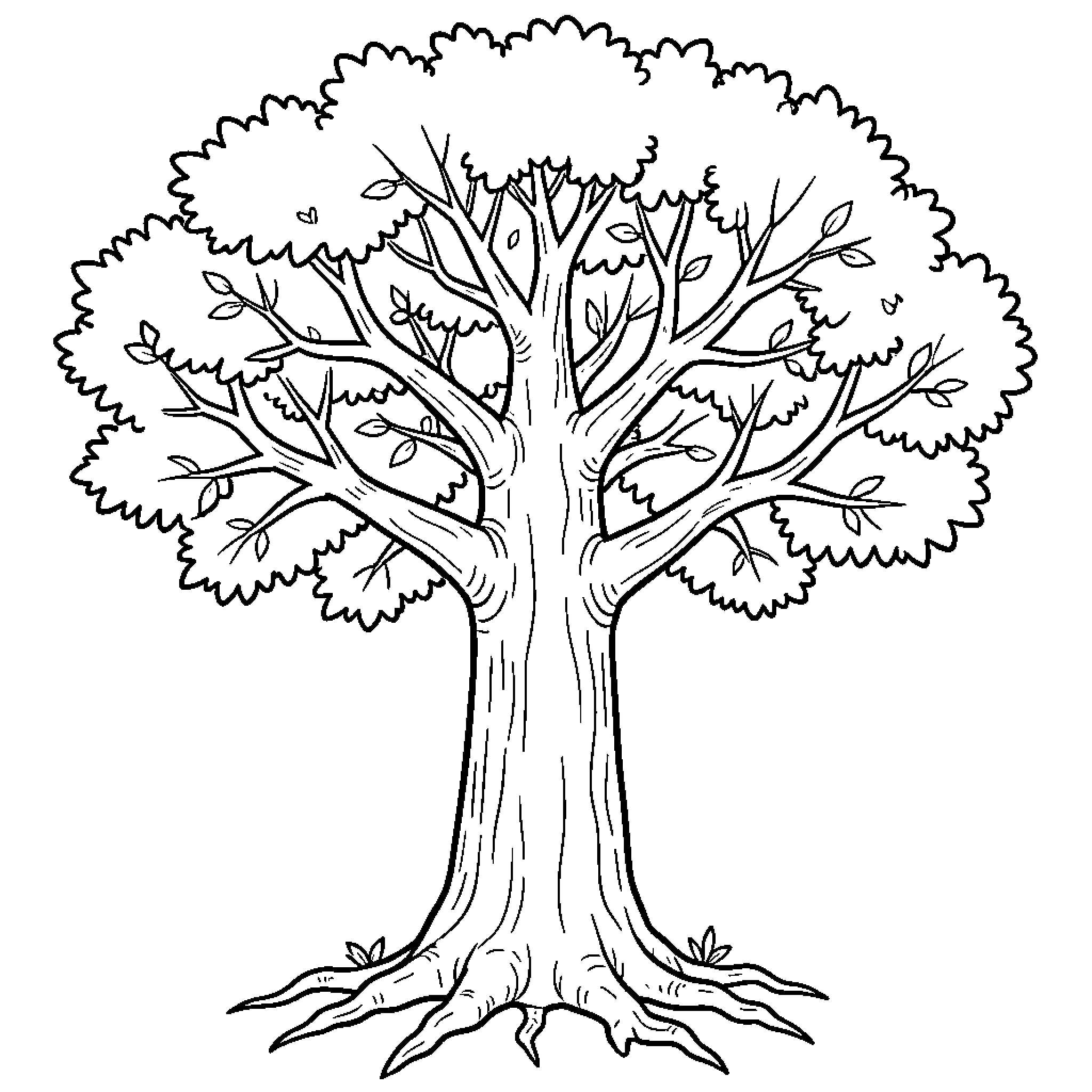 Tree standing tall with many branches and leaves Coloring Page (free black-and-white line drawing printable PDF for all, from beginners to advanced learners, including children, teens, adults, and seniors)