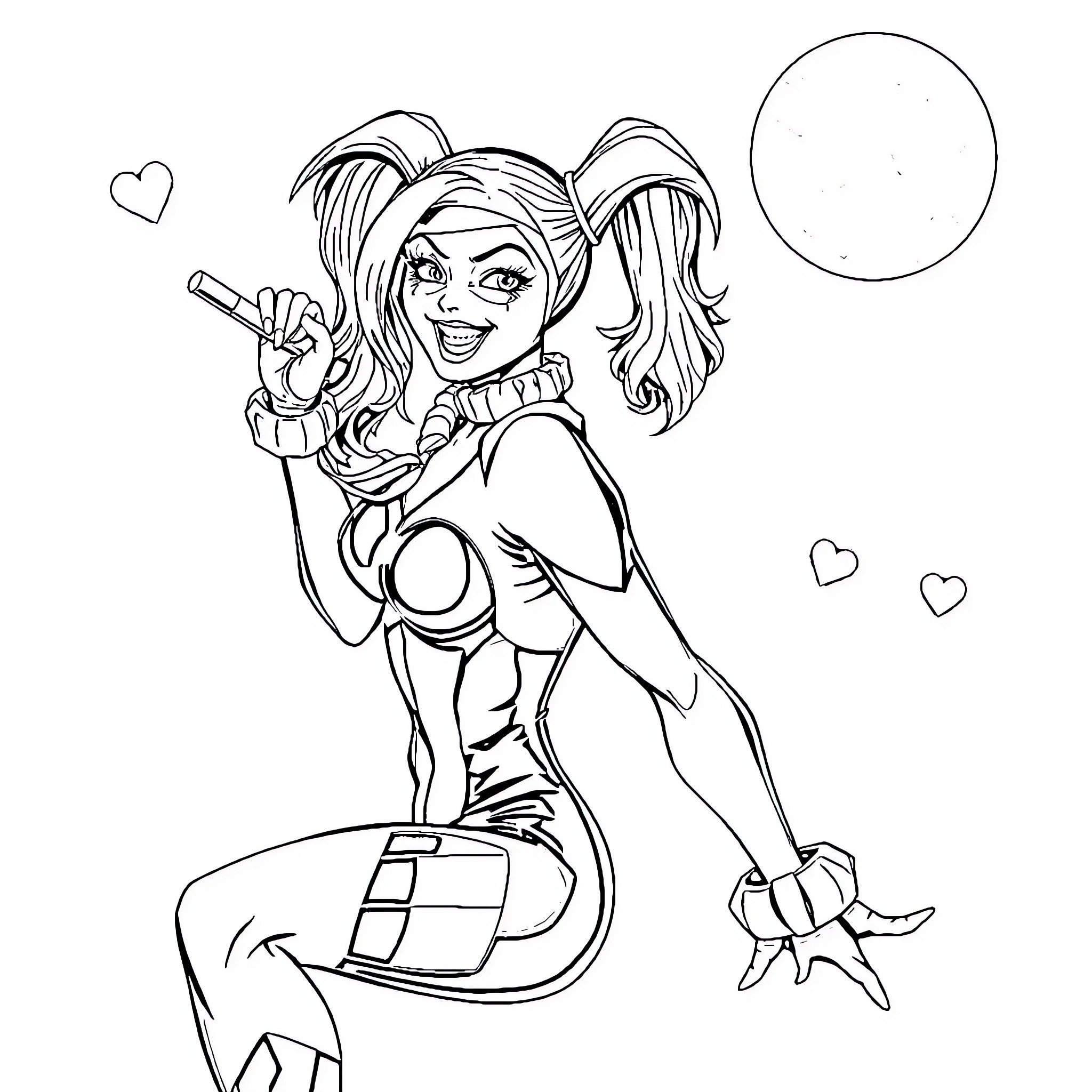 Harley Quinn posing playfully with a bat Coloring Page (free black-and-white line drawing printable PDF for all, from beginners to advanced learners, including children, teens, adults, and seniors)