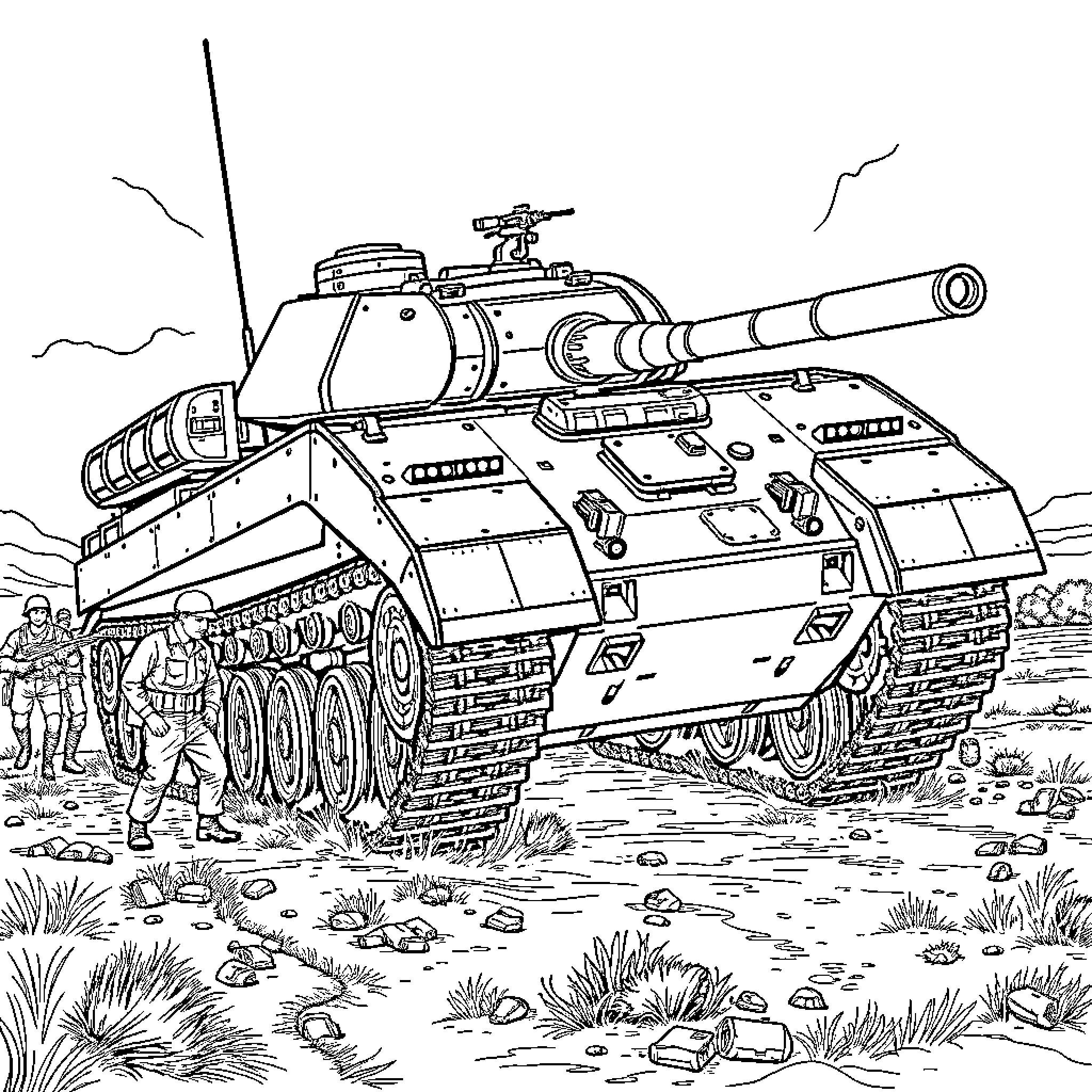 Tank in combat on the battlefield Coloring Page (free black-and-white line drawing printable PDF for all, from beginners to advanced learners, including children, teens, adults, and seniors)