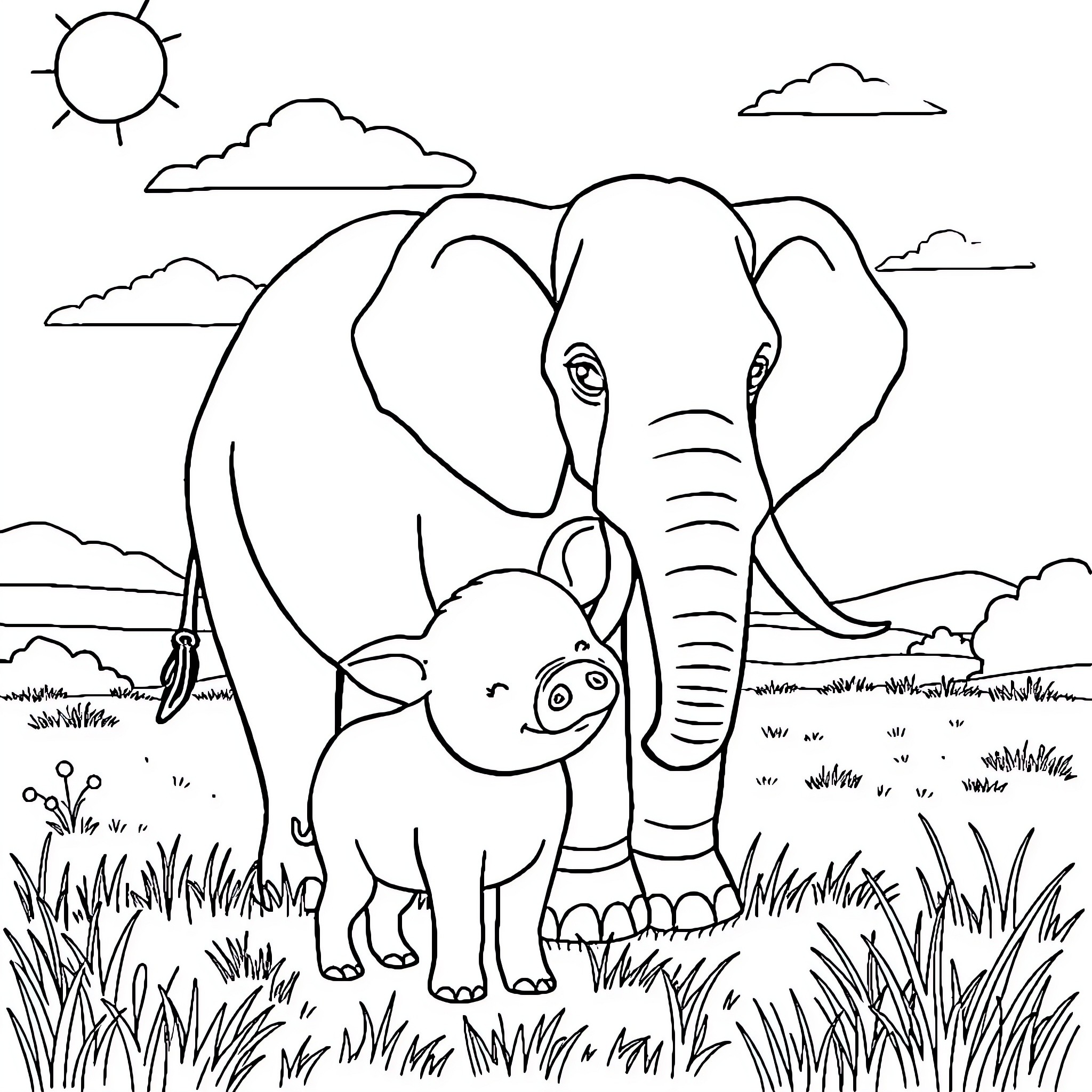 Pig and elephant enjoying nature together Coloring Page (free black-and-white line drawing printable PDF for all, from beginners to advanced learners, including children, teens, adults, and seniors)