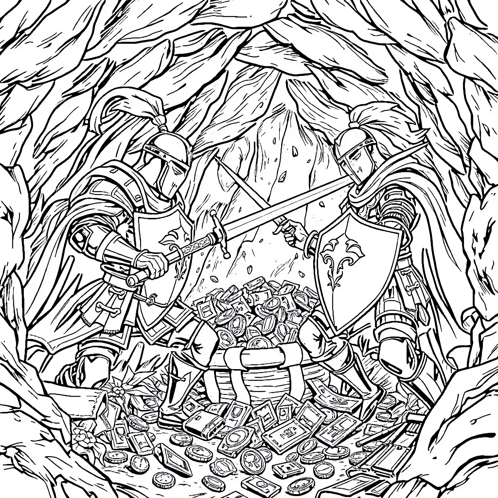Cave Warriors Defending Treasure Hoard Coloring Page (free black-and-white line drawing printable PDF for all, from beginners to advanced learners, including children, teens, adults, and seniors)