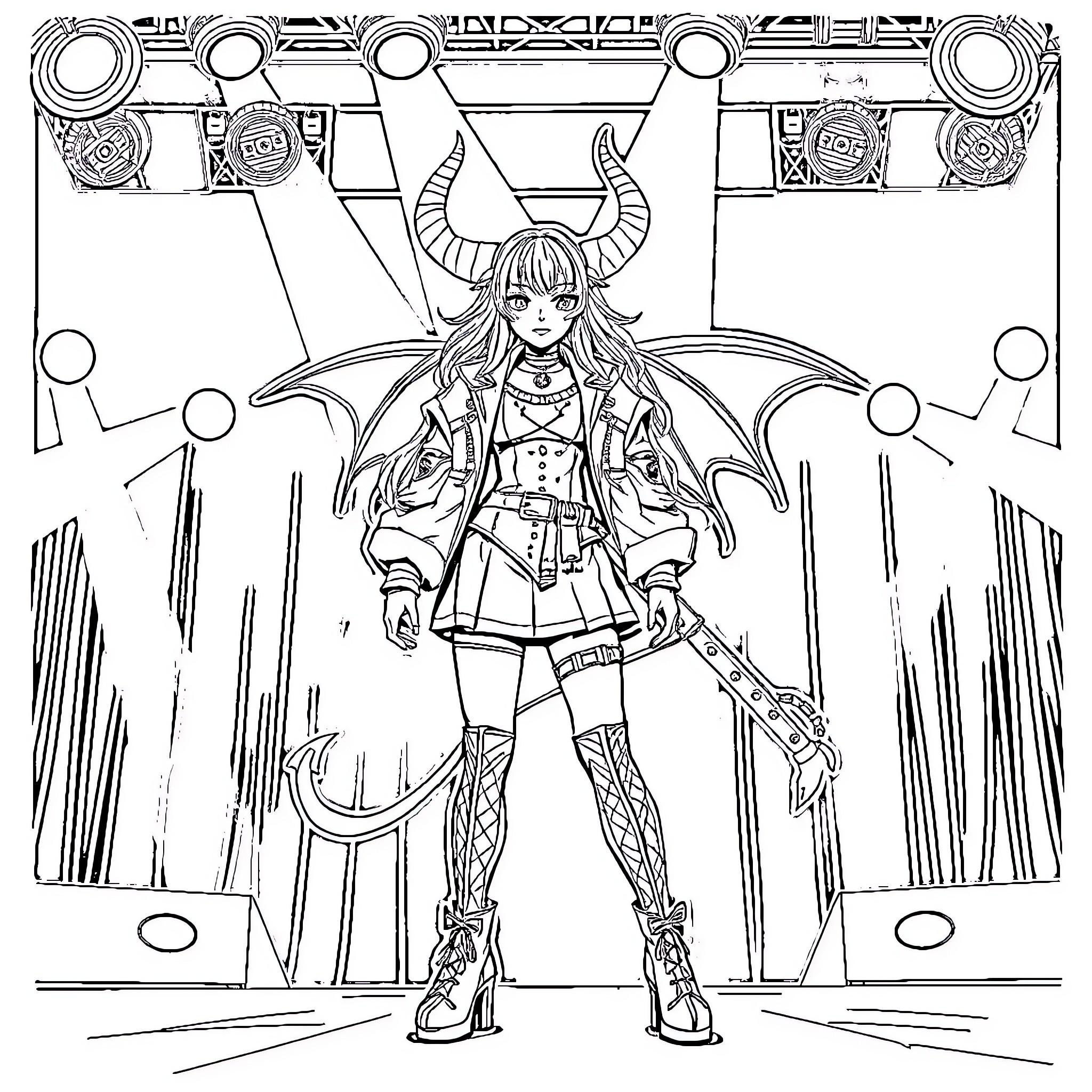 Rumi's Enchanting Attire and Magical Presence Coloring Page (free black-and-white line drawing printable PDF for all, from beginners to advanced learners, including children, teens, adults, and seniors)