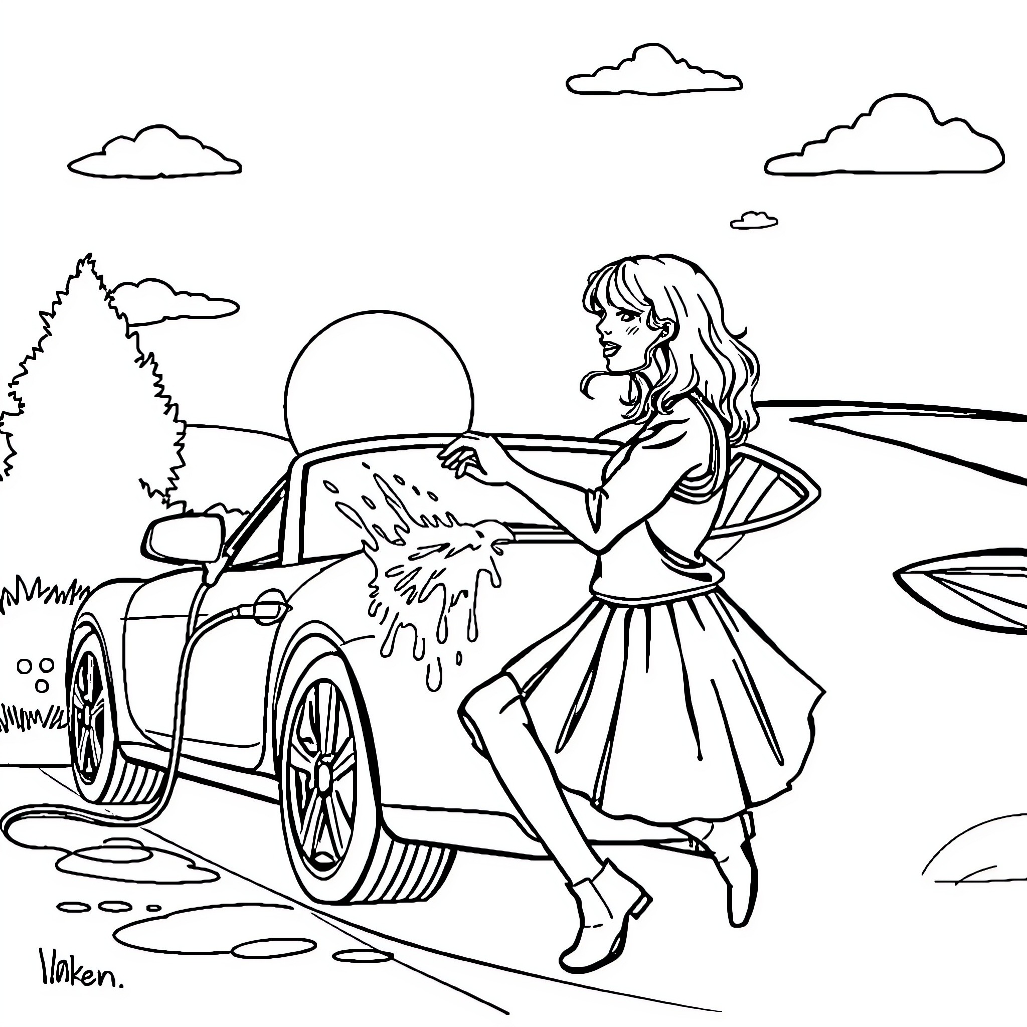 Taylor Swift washing her car in the countryside Coloring Page (free black-and-white line drawing printable PDF for all, from beginners to advanced learners, including children, teens, adults, and seniors)