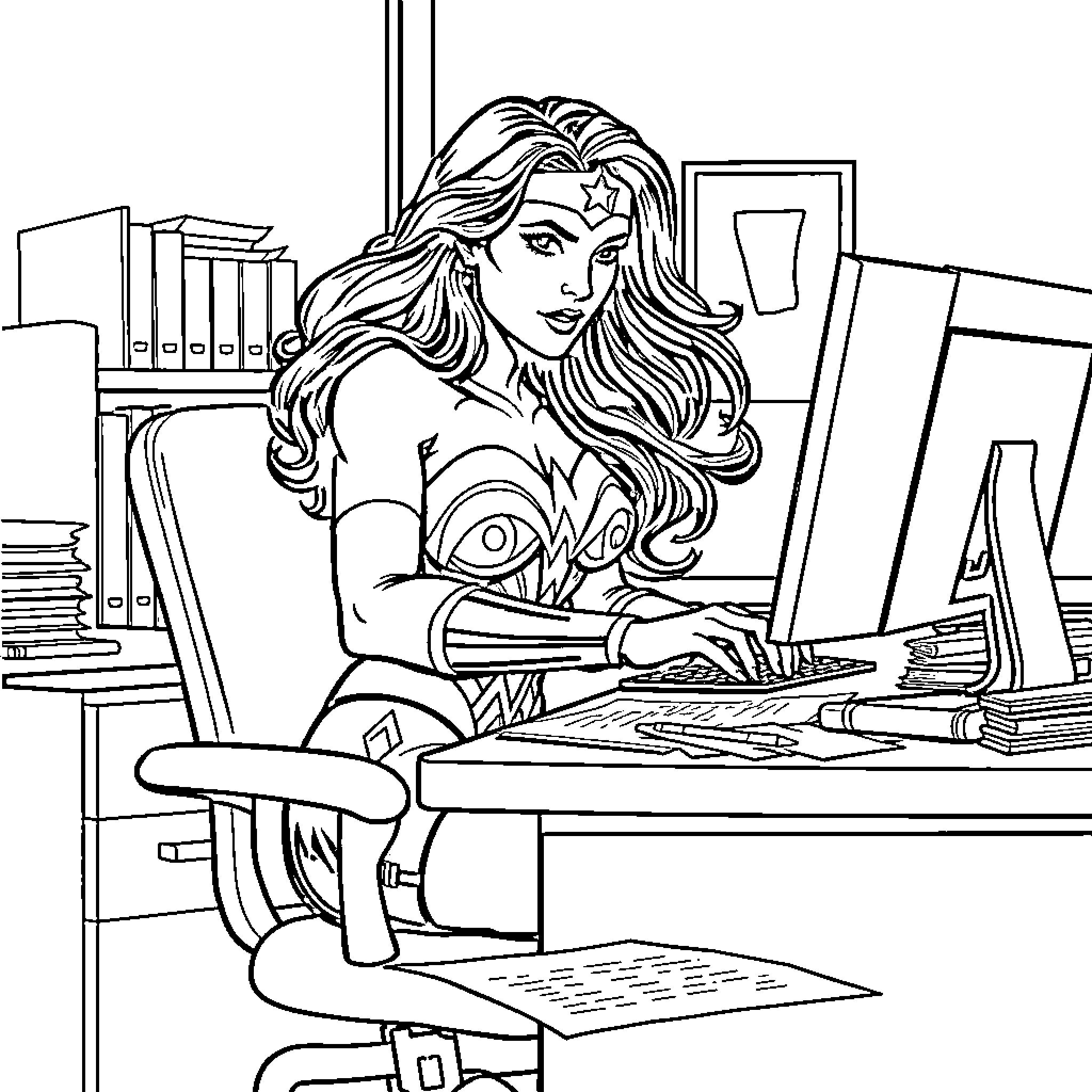 Wonder Woman working diligently at her computer Coloring Page (free black-and-white line drawing printable PDF for all, from beginners to advanced learners, including children, teens, adults, and seniors)