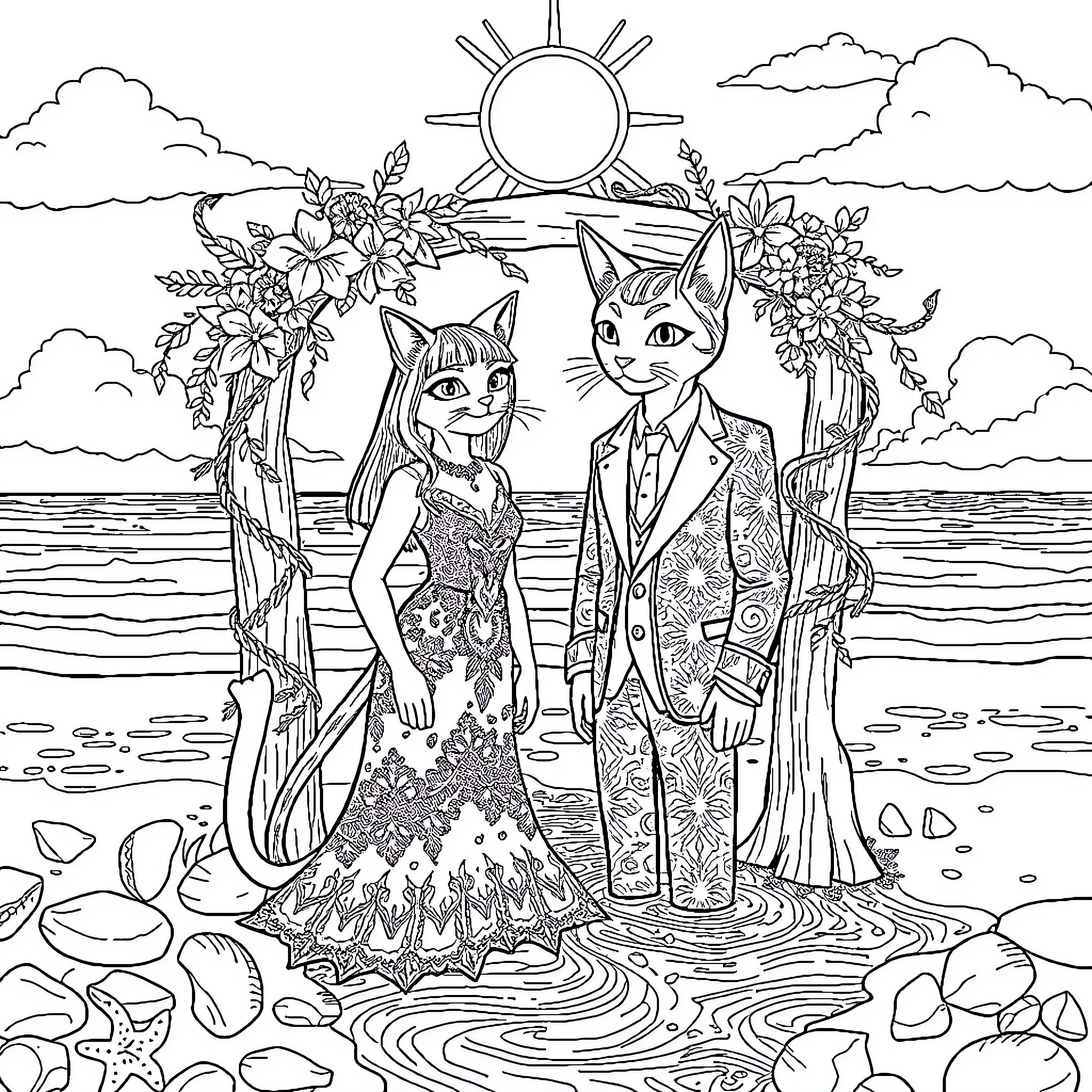 Cat couple in formal attire on the beach Coloring Page (free black-and-white line drawing printable PDF for all, from beginners to advanced learners, including children, teens, adults, and seniors)