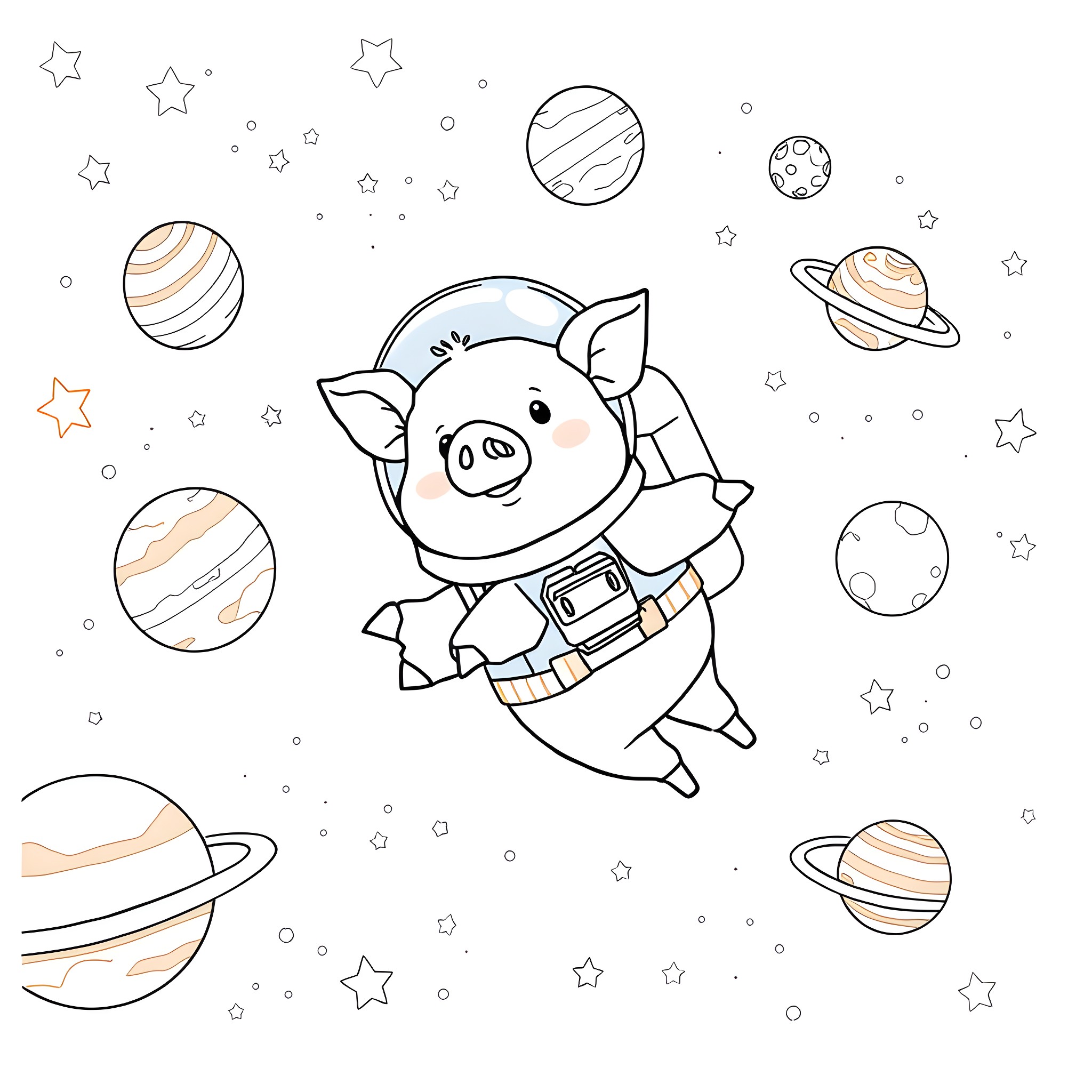 Pig astronaut exploring the galaxy Coloring Page (free black-and-white line drawing printable PDF for all, from beginners to advanced learners, including children, teens, adults, and seniors)