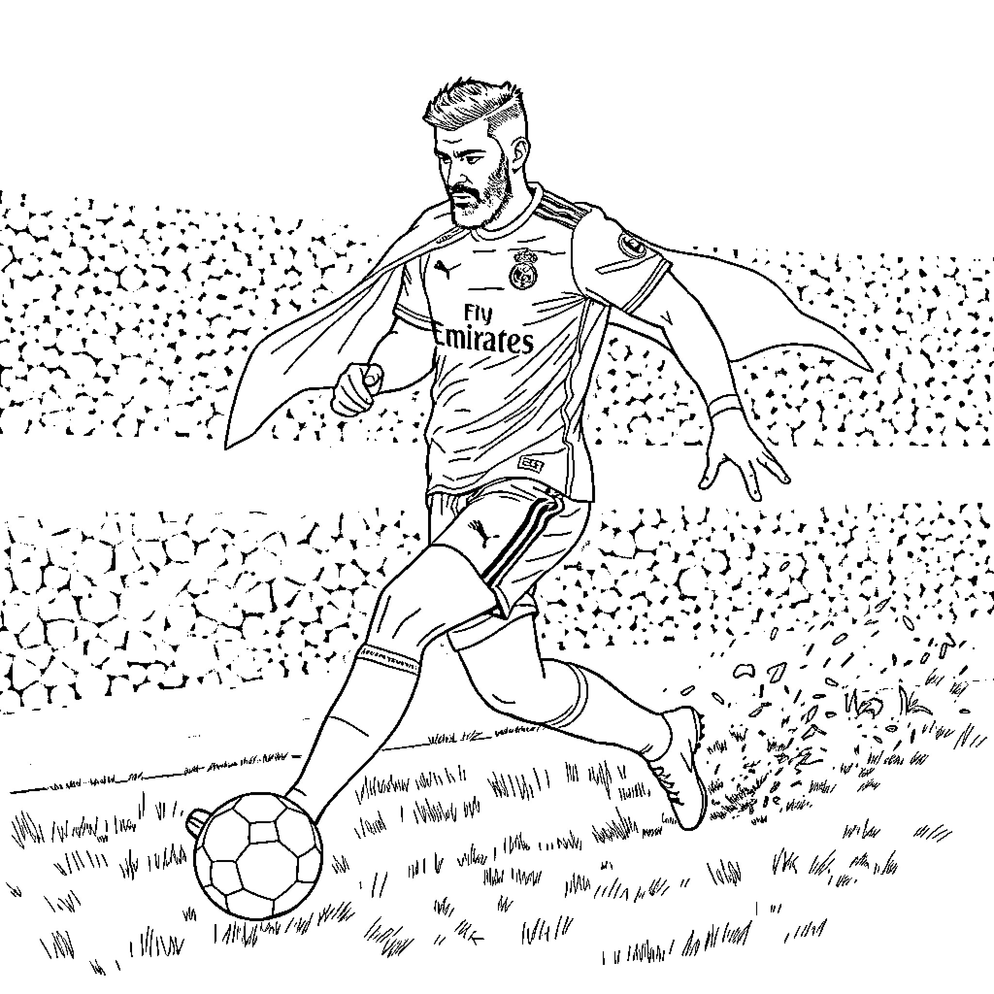 Olivier Giroud playing soccer on the field Coloring Page (free black-and-white line drawing printable PDF for all, from beginners to advanced learners, including children, teens, adults, and seniors)