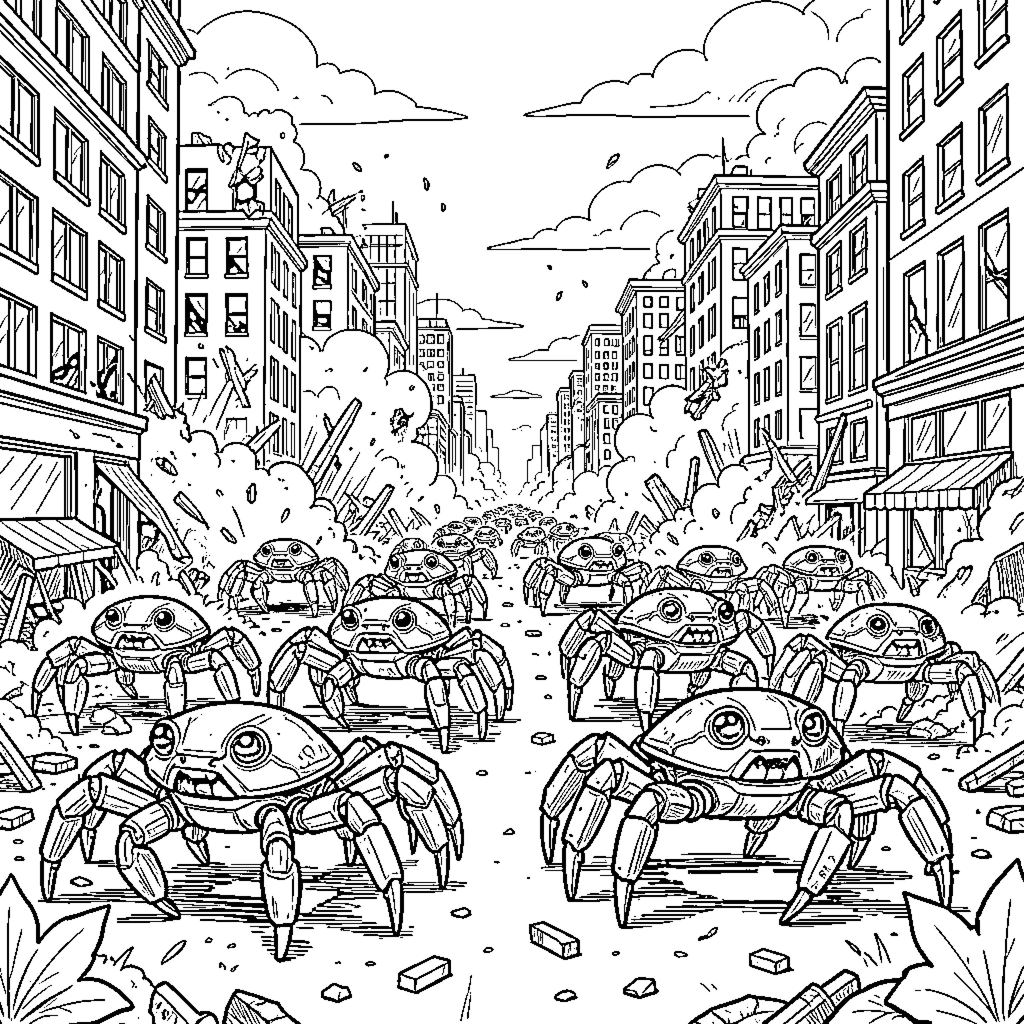 Robot Crabs Invading the City Coloring Page (free black-and-white line drawing printable PDF for all, from beginners to advanced learners, including children, teens, adults, and seniors)