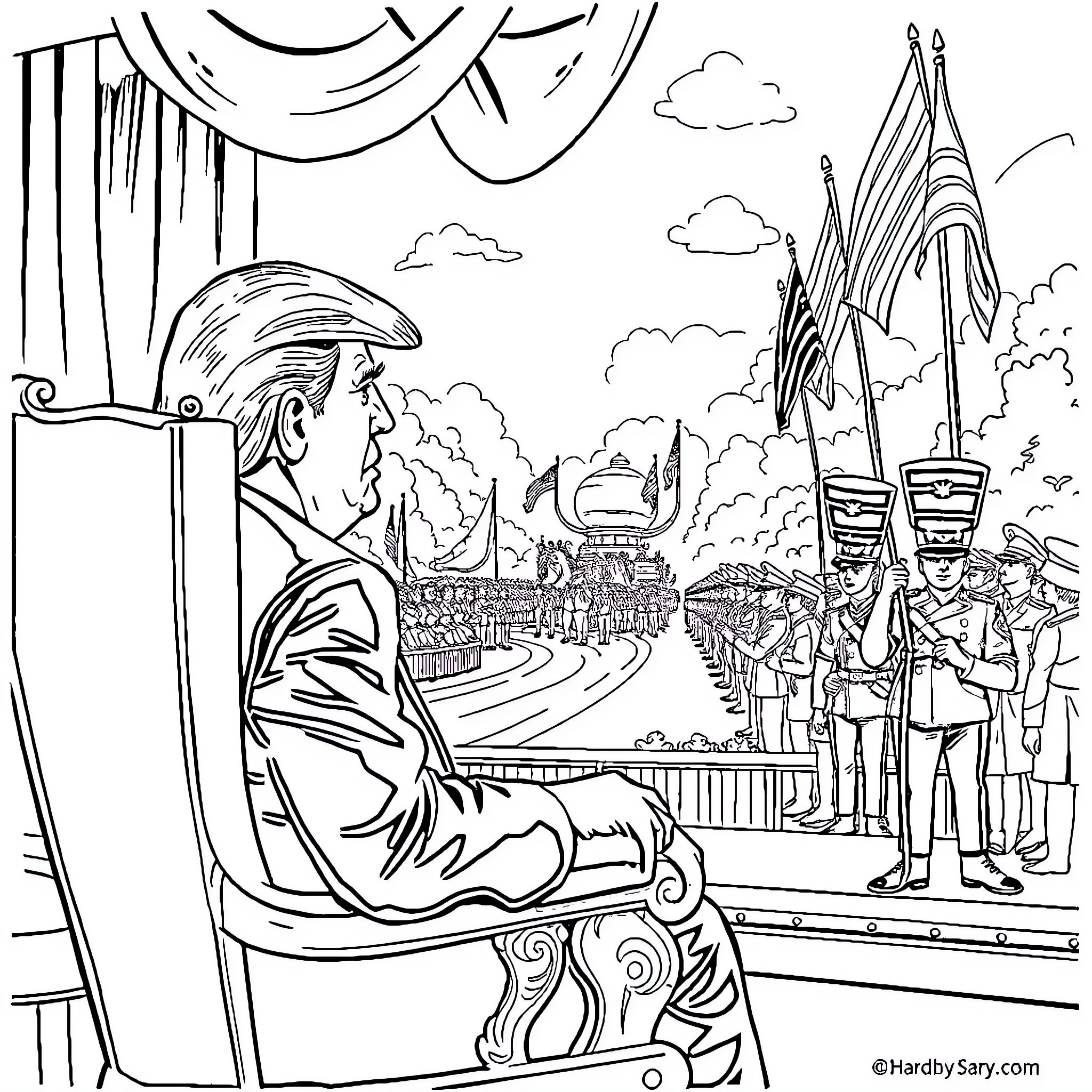 Trump overseeing a military parade Coloring Page (free black-and-white line drawing printable PDF for all, from beginners to advanced learners, including children, teens, adults, and seniors)