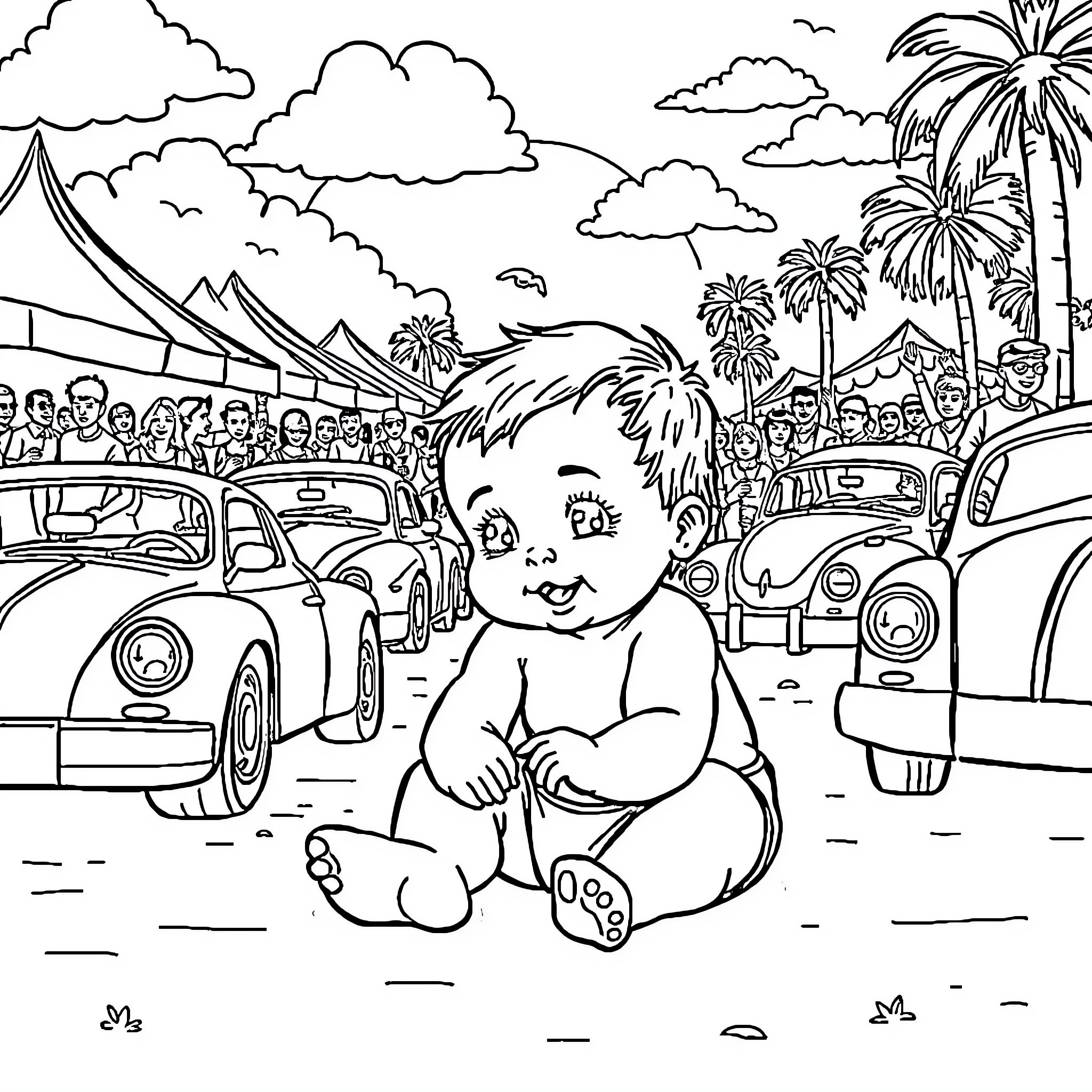 Summernats car festival with crowd and baby Coloring Page (free black-and-white line drawing printable PDF for all, from beginners to advanced learners, including children, teens, adults, and seniors)