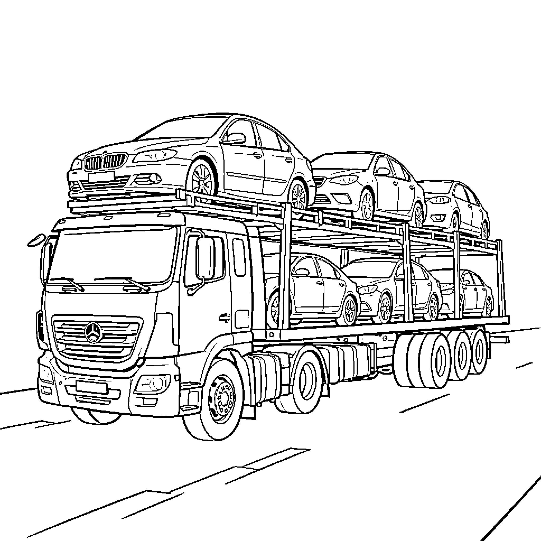 Truck transporting variety of cars on highway Coloring Page (free black-and-white line drawing printable PDF for all, from beginners to advanced learners, including children, teens, adults, and seniors)