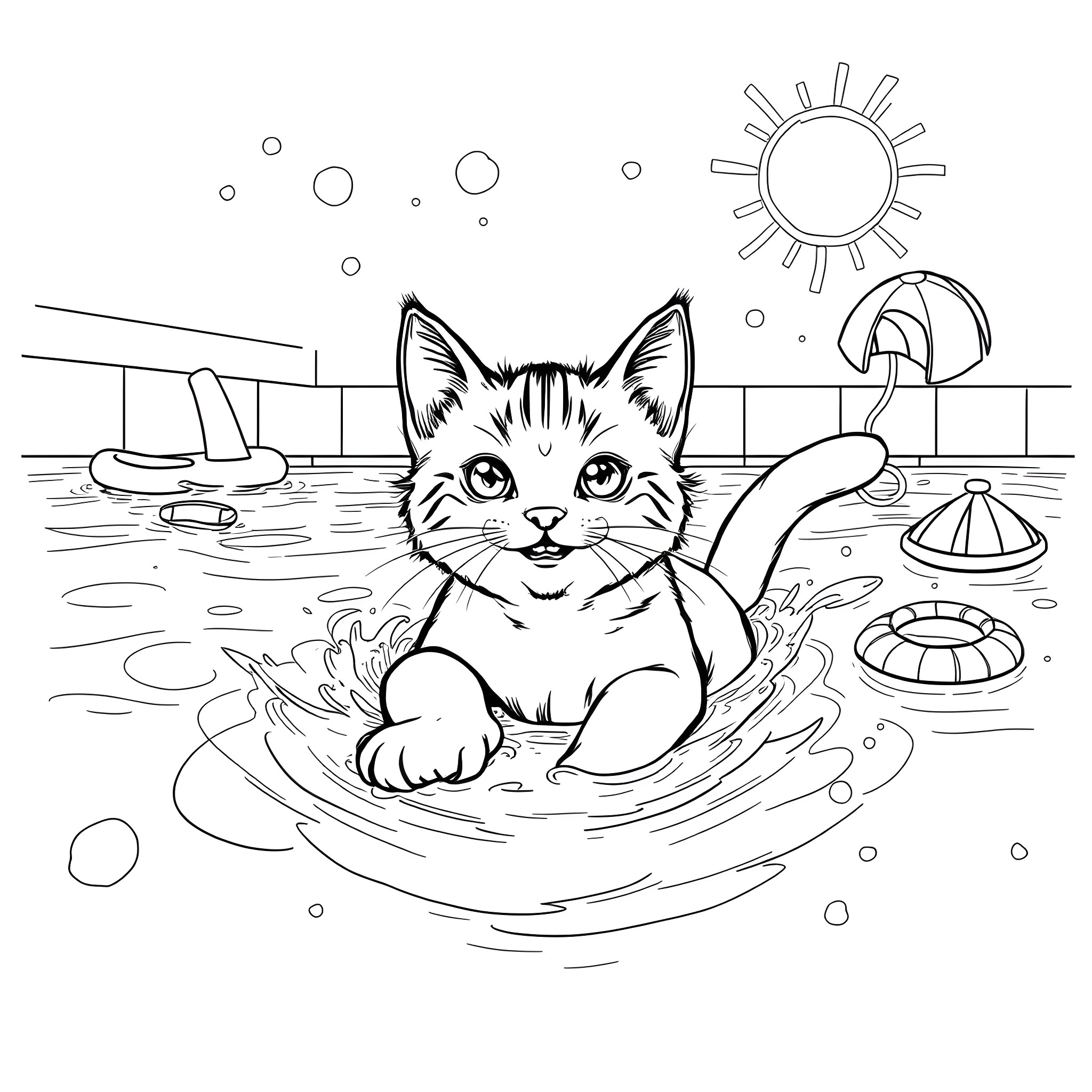 Cat Relaxing in Summer Pool Scene Coloring Page (free black-and-white line drawing printable PDF for all, from beginners to advanced learners, including children, teens, adults, and seniors)