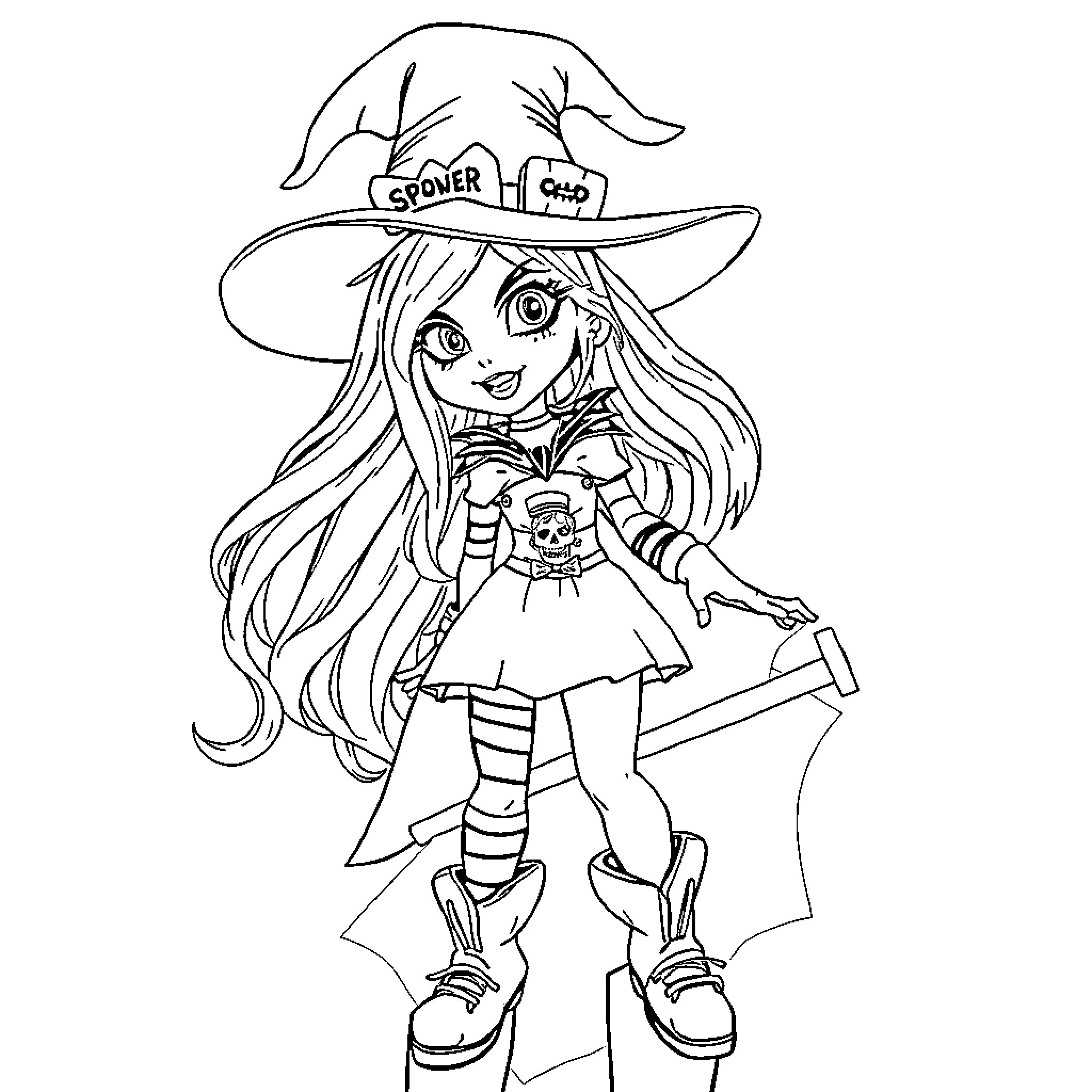 Jade, the Spooky and Cheerful Witch Coloring Page (free black-and-white line drawing printable PDF for all, from beginners to advanced learners, including children, teens, adults, and seniors)