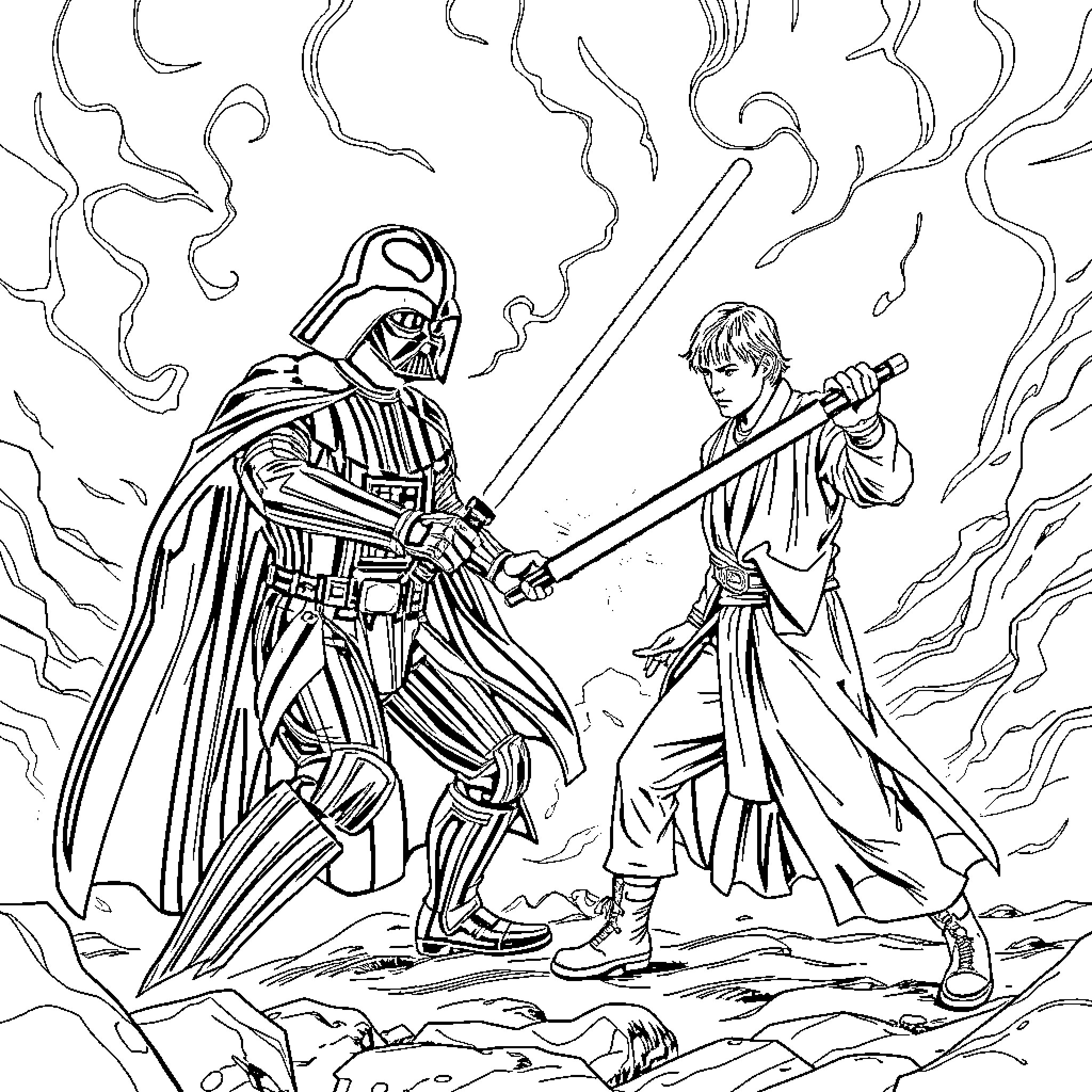 Darth Vader confronts a young Jedi warrior Coloring Page (free black-and-white line drawing printable PDF for all, from beginners to advanced learners, including children, teens, adults, and seniors)