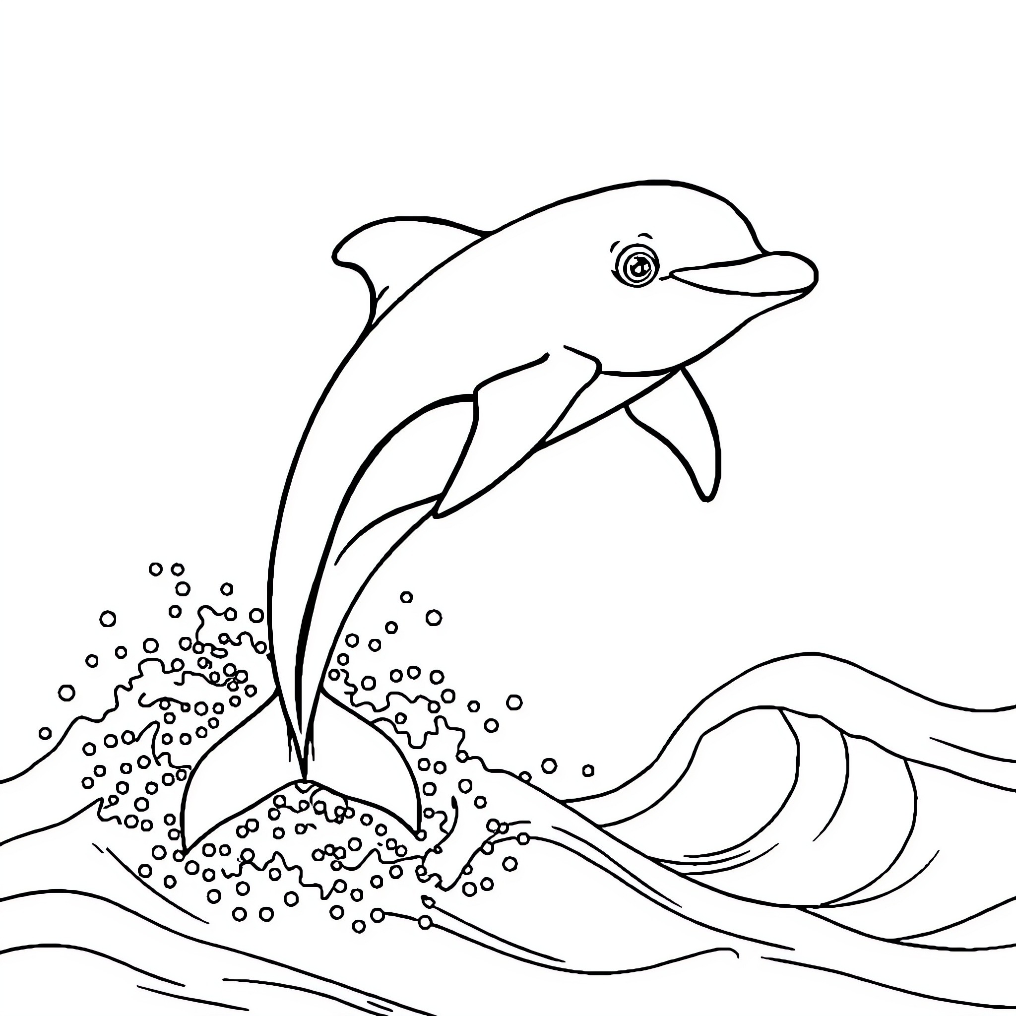 Dolphin diving playfully in the waves Coloring Page (free black-and-white line drawing printable PDF for all, from beginners to advanced learners, including children, teens, adults, and seniors)