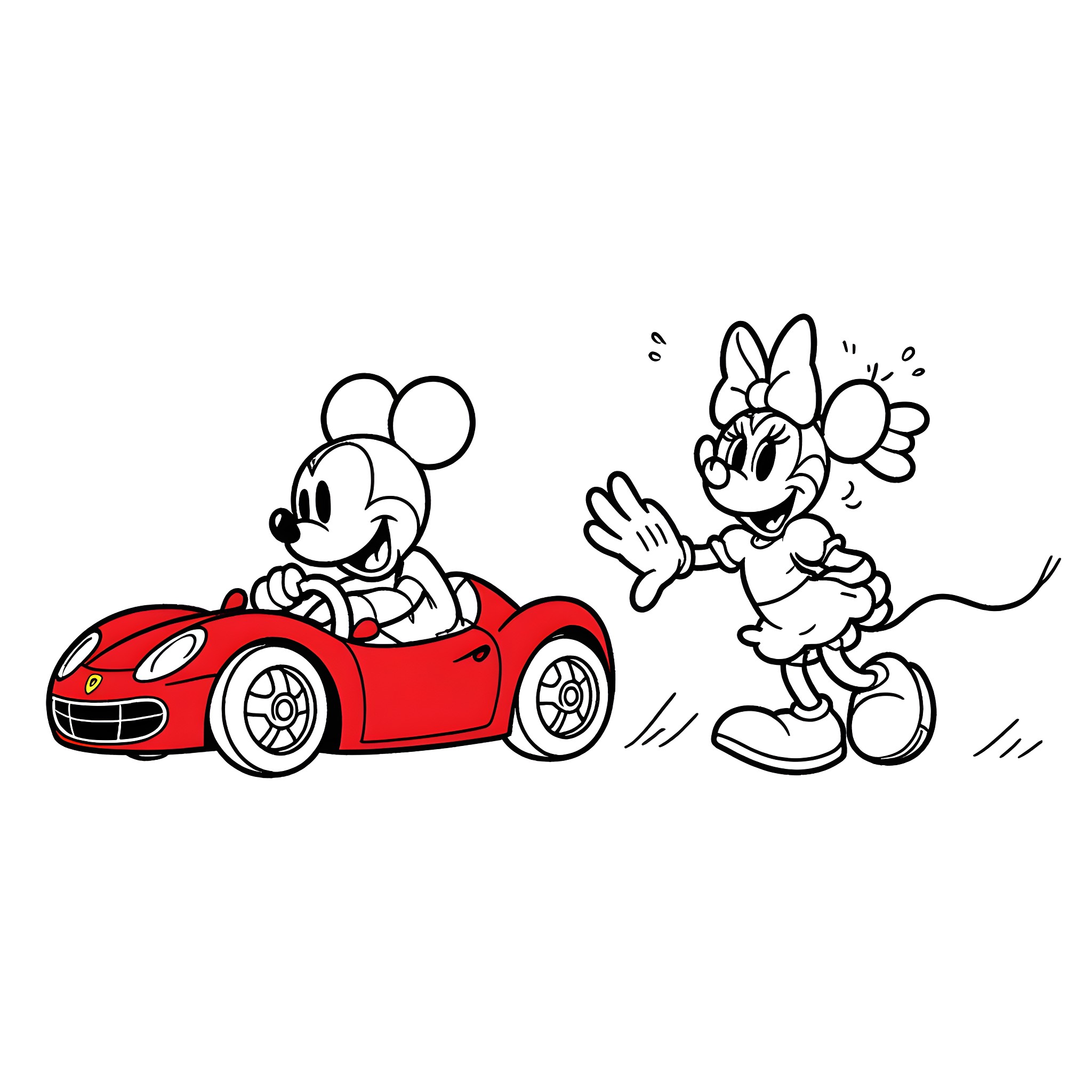 Mickey Mouse and Minnie Mouse in a red sports car Coloring Page (free black-and-white line drawing printable PDF for all, from beginners to advanced learners, including children, teens, adults, and seniors)