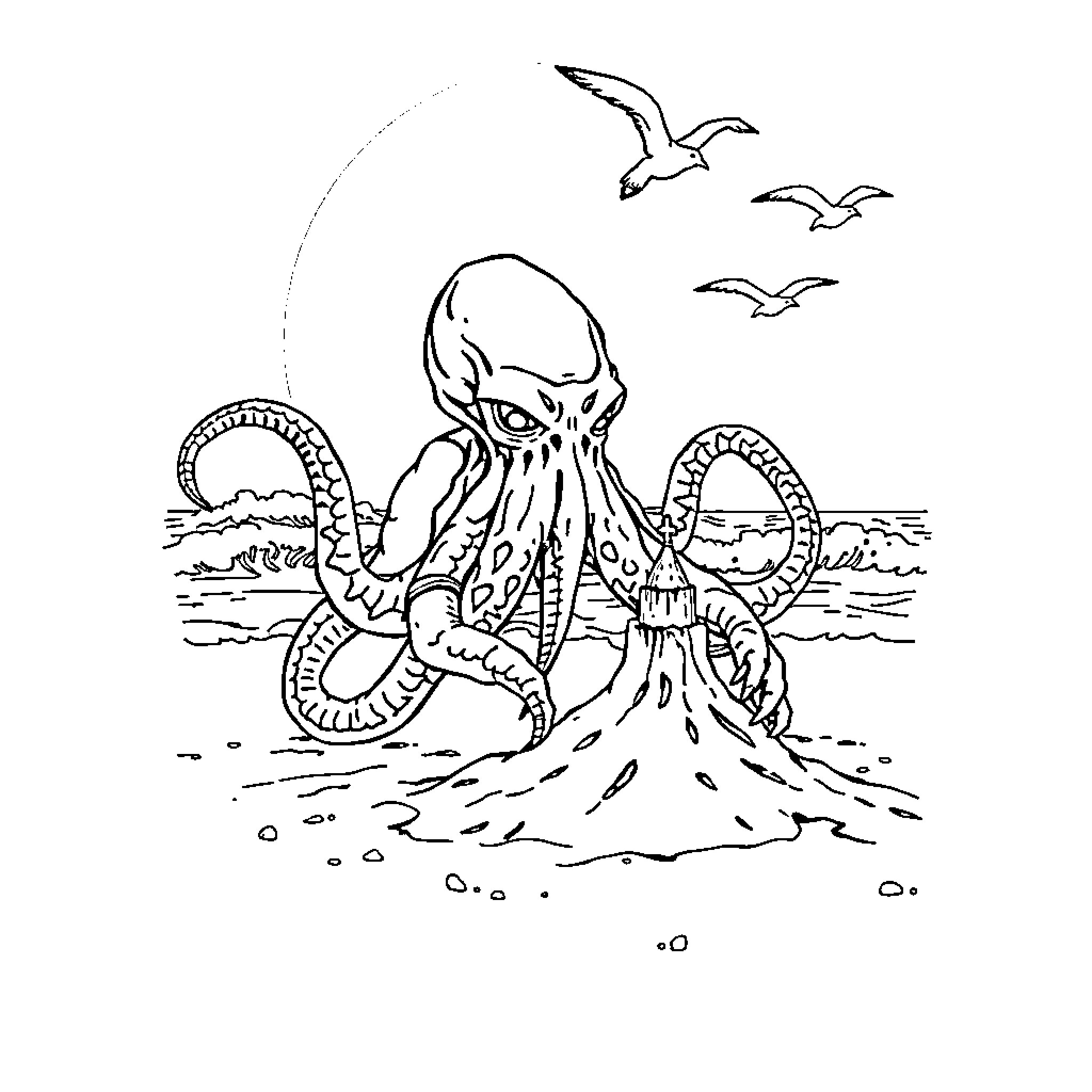 Cthulhu Emerges from the Depths Coloring Page (free black-and-white line drawing printable PDF for all, from beginners to advanced learners, including children, teens, adults, and seniors)