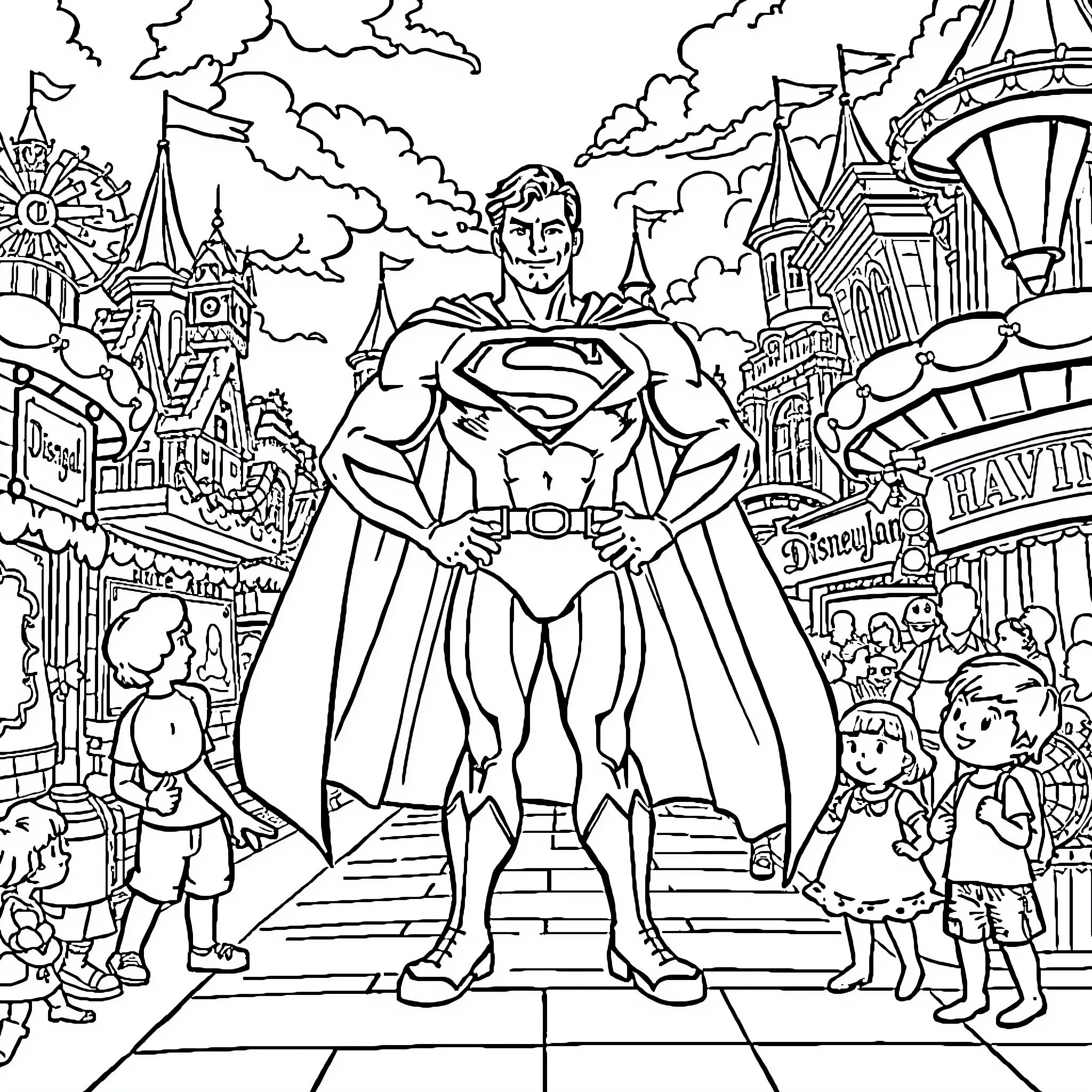Superman standing heroically in a fantastical theme park Coloring Page (free black-and-white line drawing printable PDF for all, from beginners to advanced learners, including children, teens, adults, and seniors)