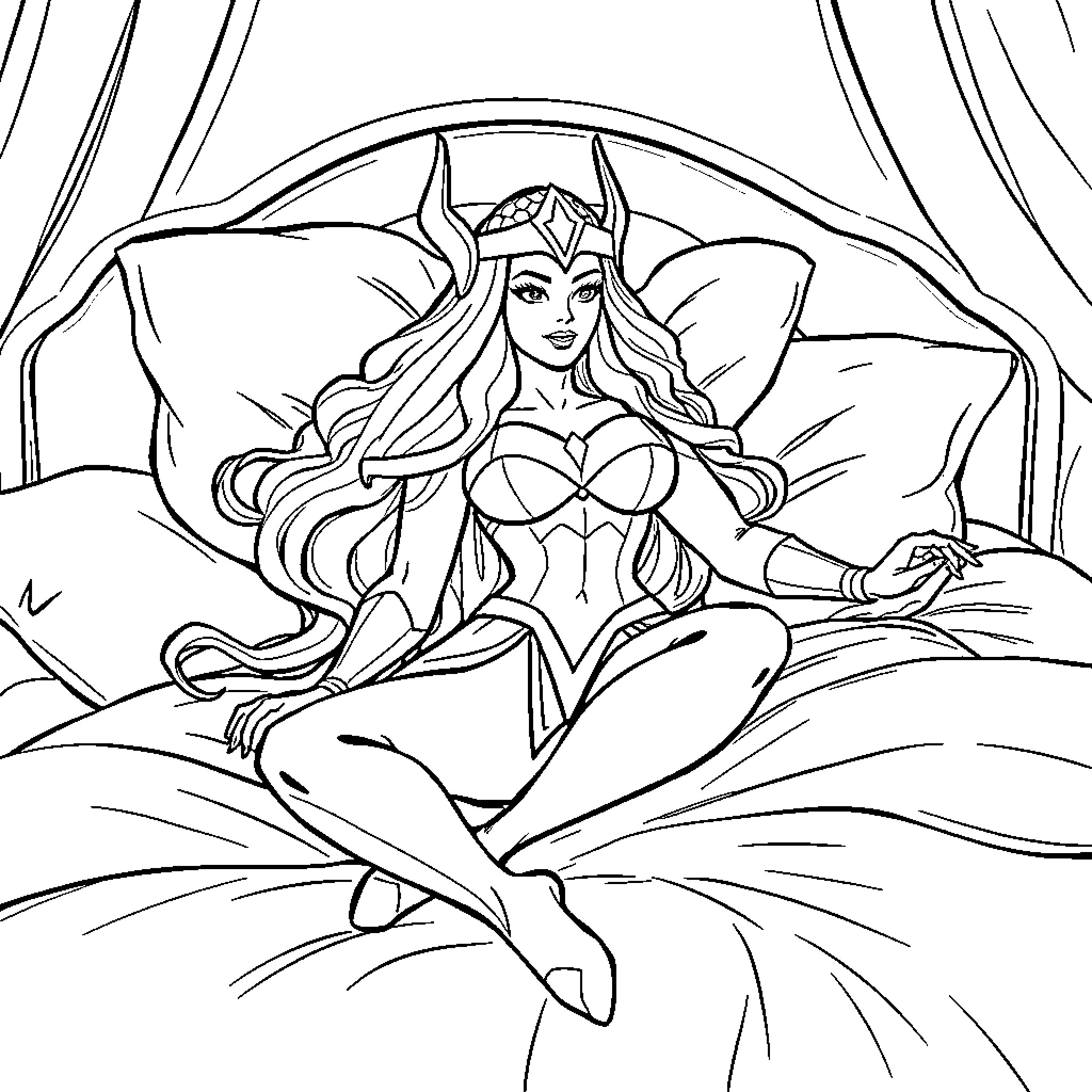 She-Ra posing dramatically in a revealing outfit Coloring Page (free black-and-white line drawing printable PDF for all, from beginners to advanced learners, including children, teens, adults, and seniors)