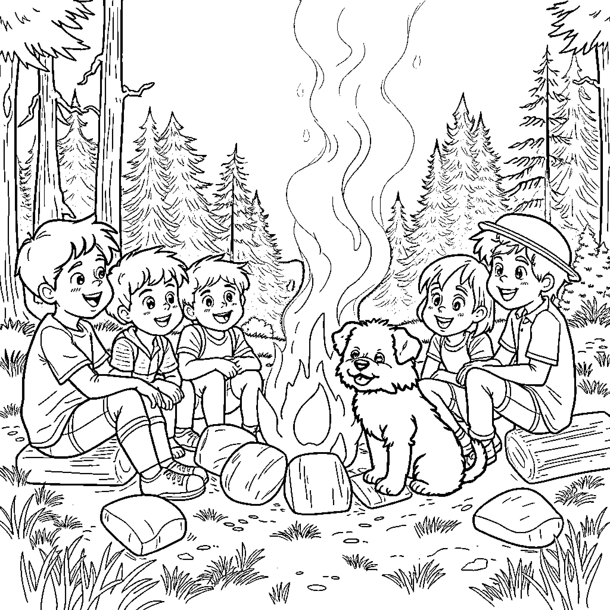Kid camping in the forest with friends Coloring Page (free black-and-white line drawing printable PDF for all, from beginners to advanced learners, including children, teens, adults, and seniors)