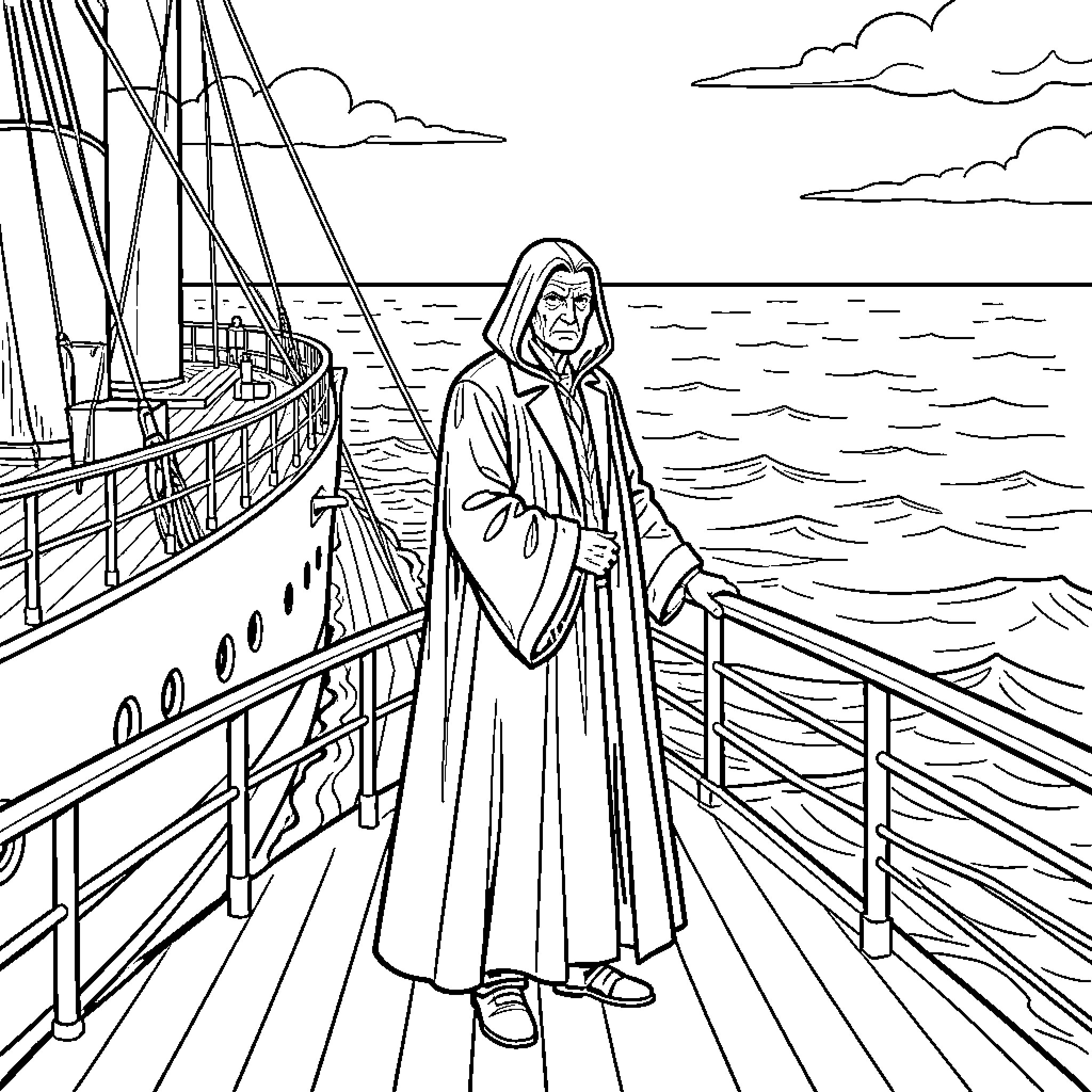 Voldemort standing on a ship deck overlooking the ocean Coloring Page (free black-and-white line drawing printable PDF for all, from beginners to advanced learners, including children, teens, adults, and seniors)